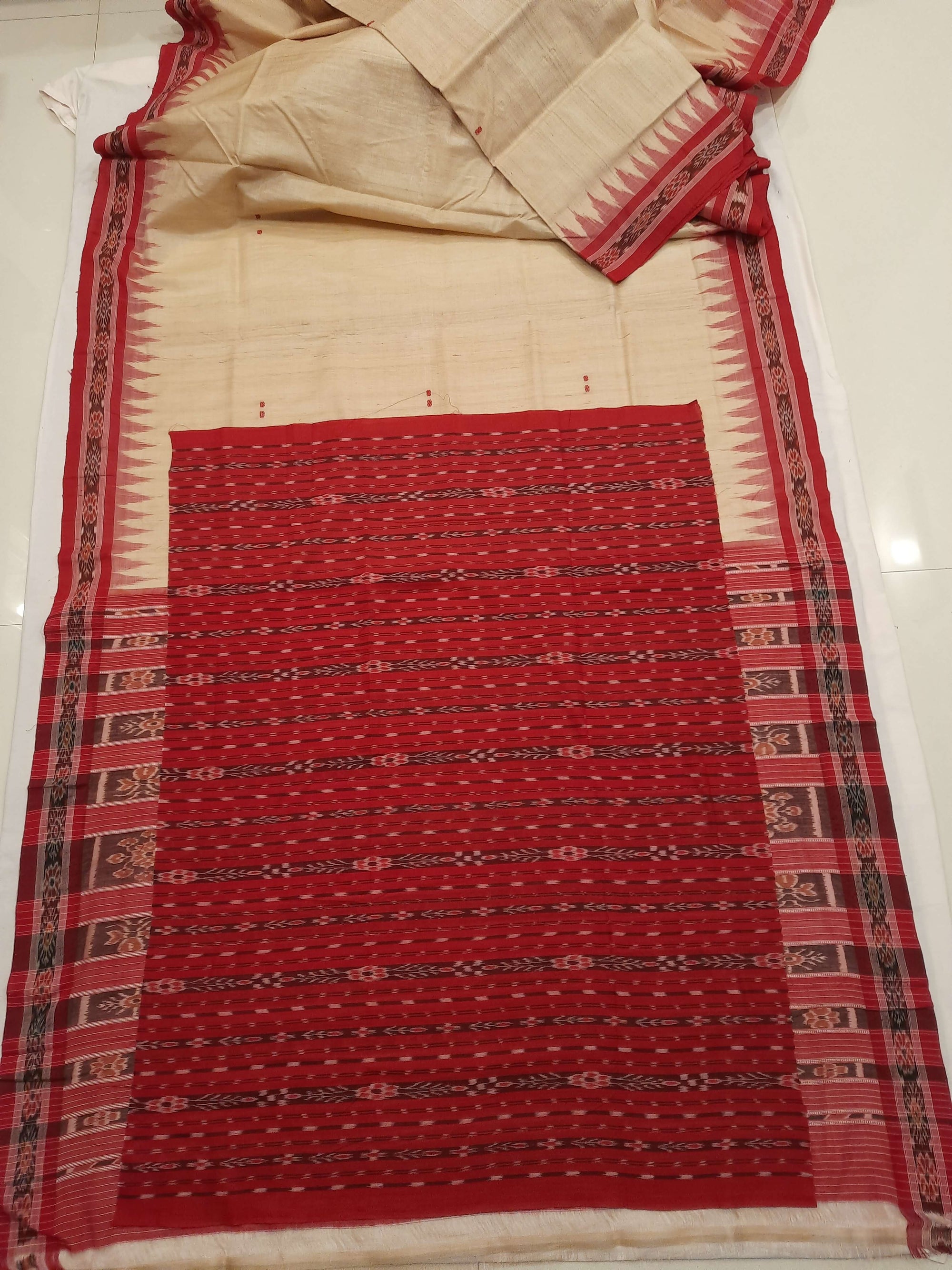 Beige with Maroon Tussar Silk Odisha Ikat Saree with cotton ikat blouse piece