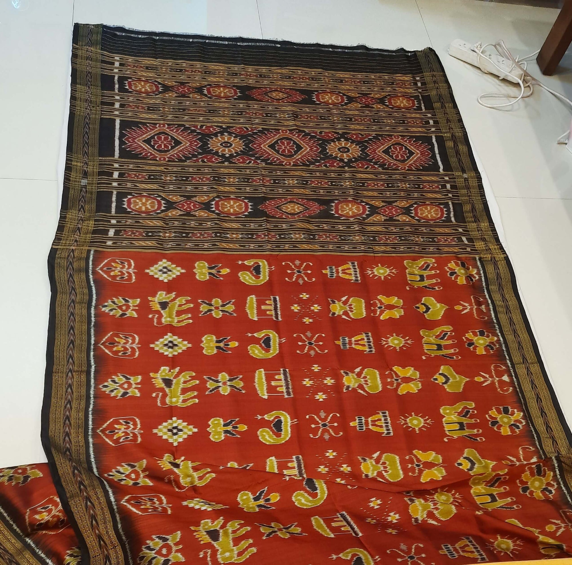 Maroon Odisha Khandua Pata Silk Saree paired with cotton ikat blouse piece