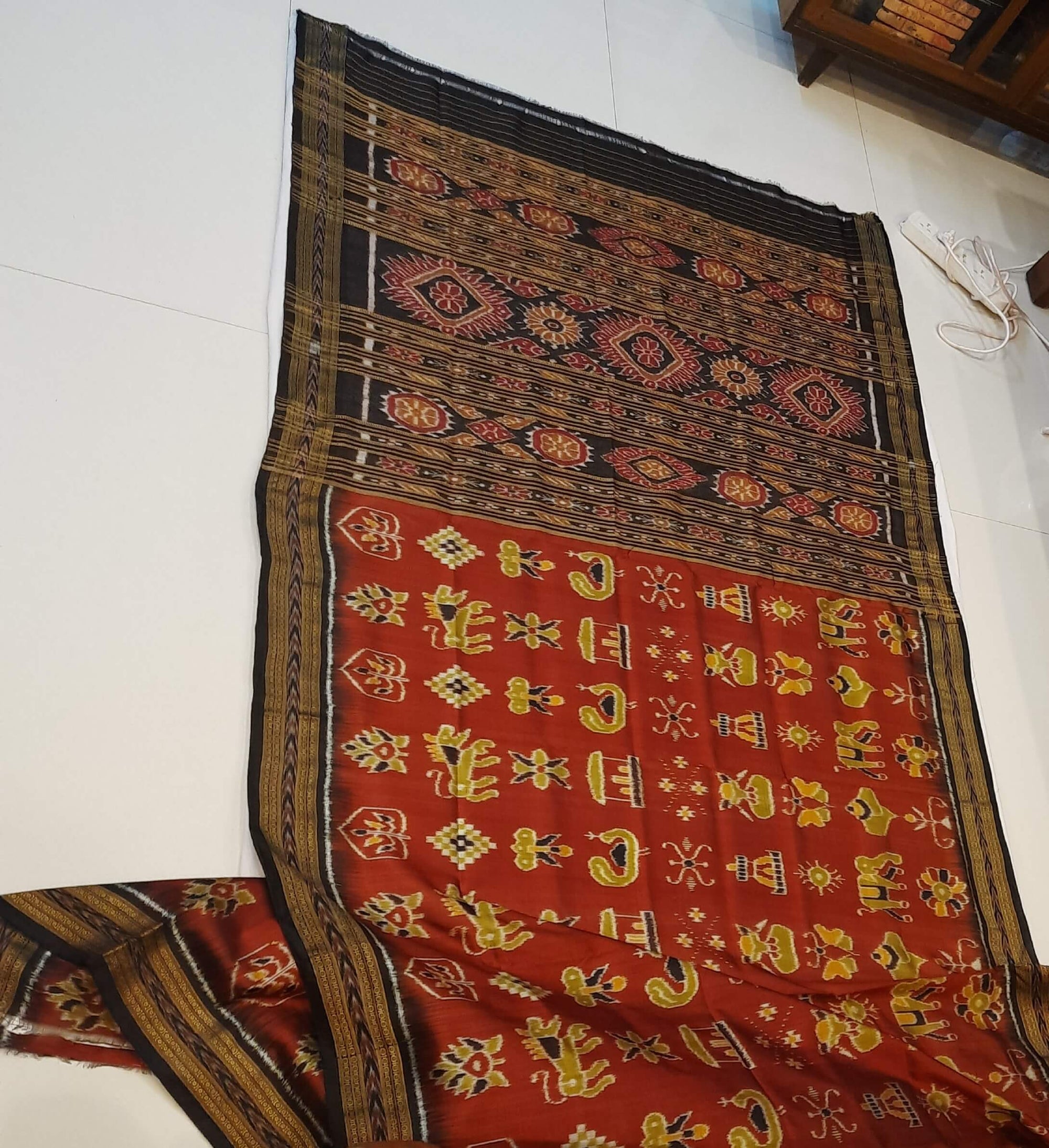 Maroon Odisha Khandua Pata Silk Saree paired with cotton ikat blouse piece