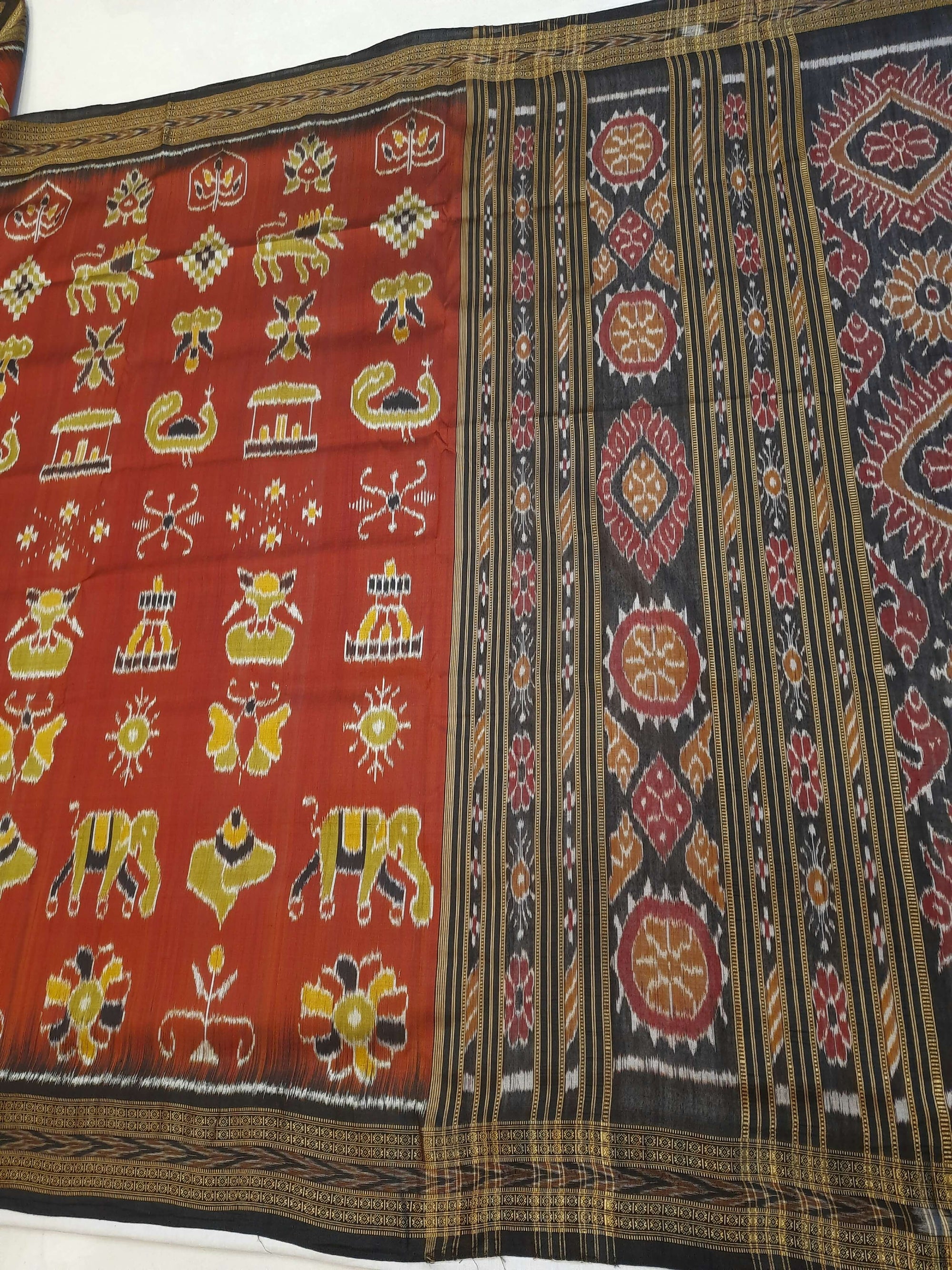 Maroon Odisha Khandua Pata Silk Saree paired with cotton ikat blouse piece
