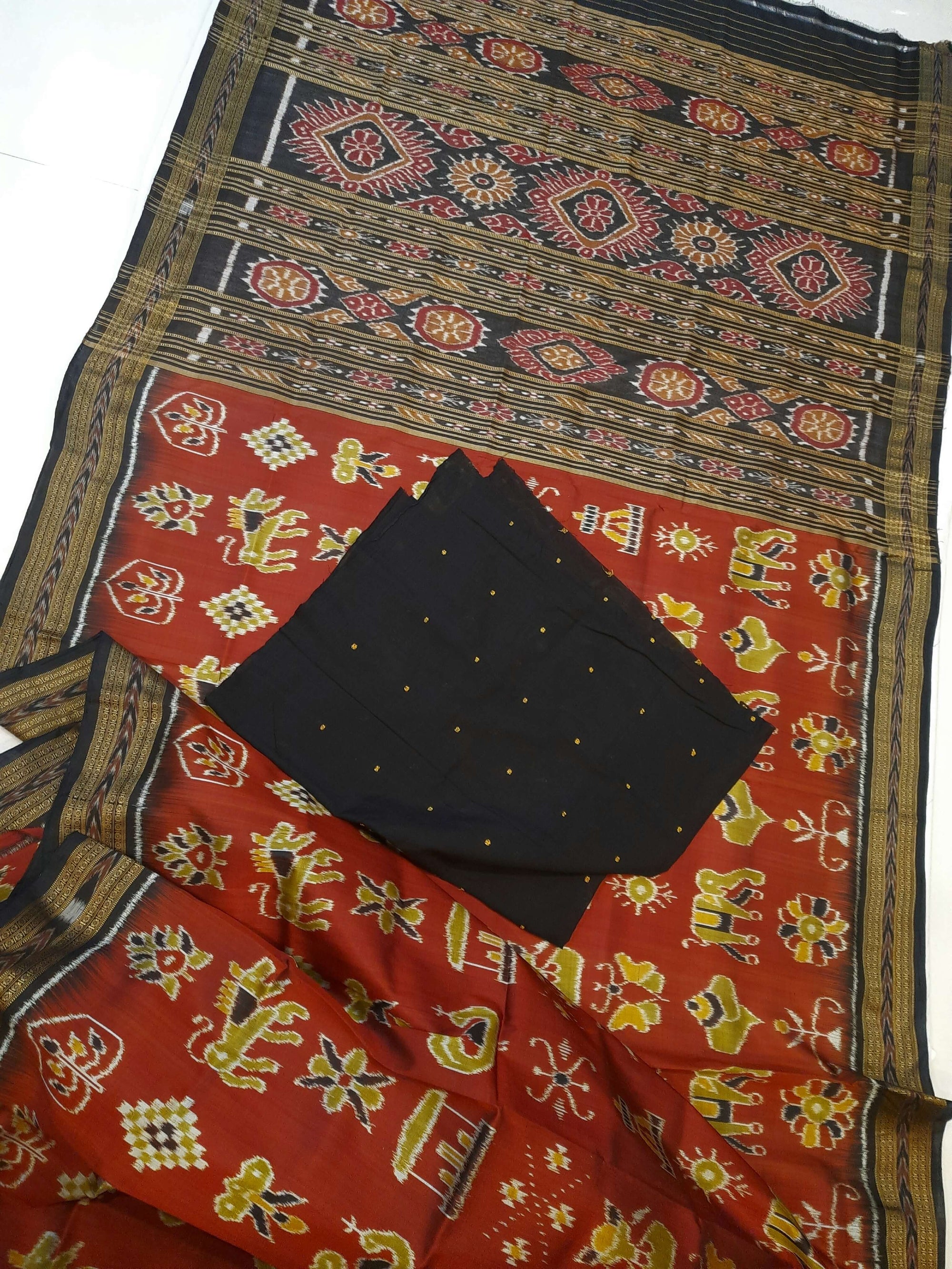 Maroon Odisha Khandua Pata Silk Saree paired with cotton ikat blouse piece