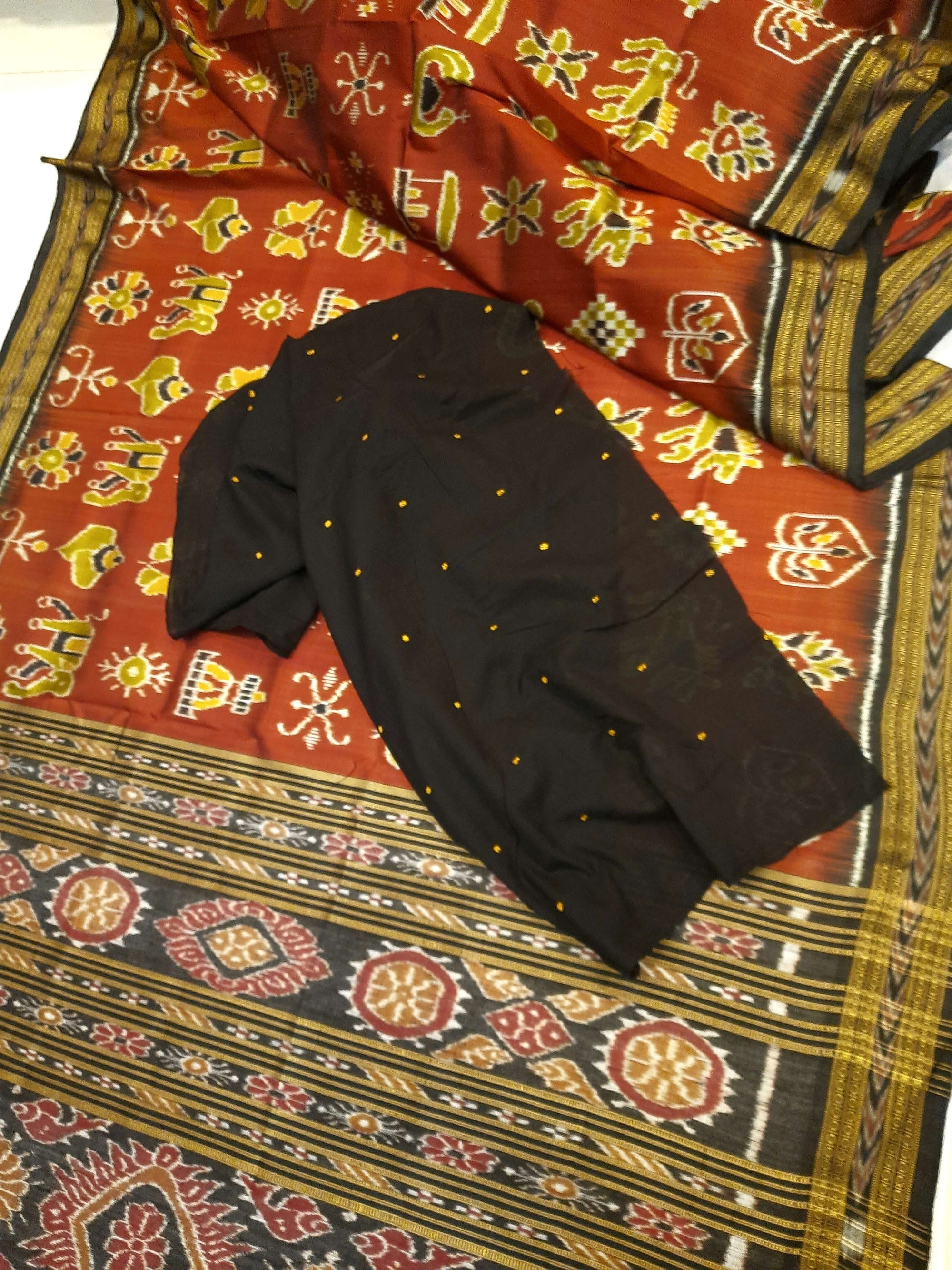Maroon Odisha Khandua Pata Silk Saree paired with cotton ikat blouse piece