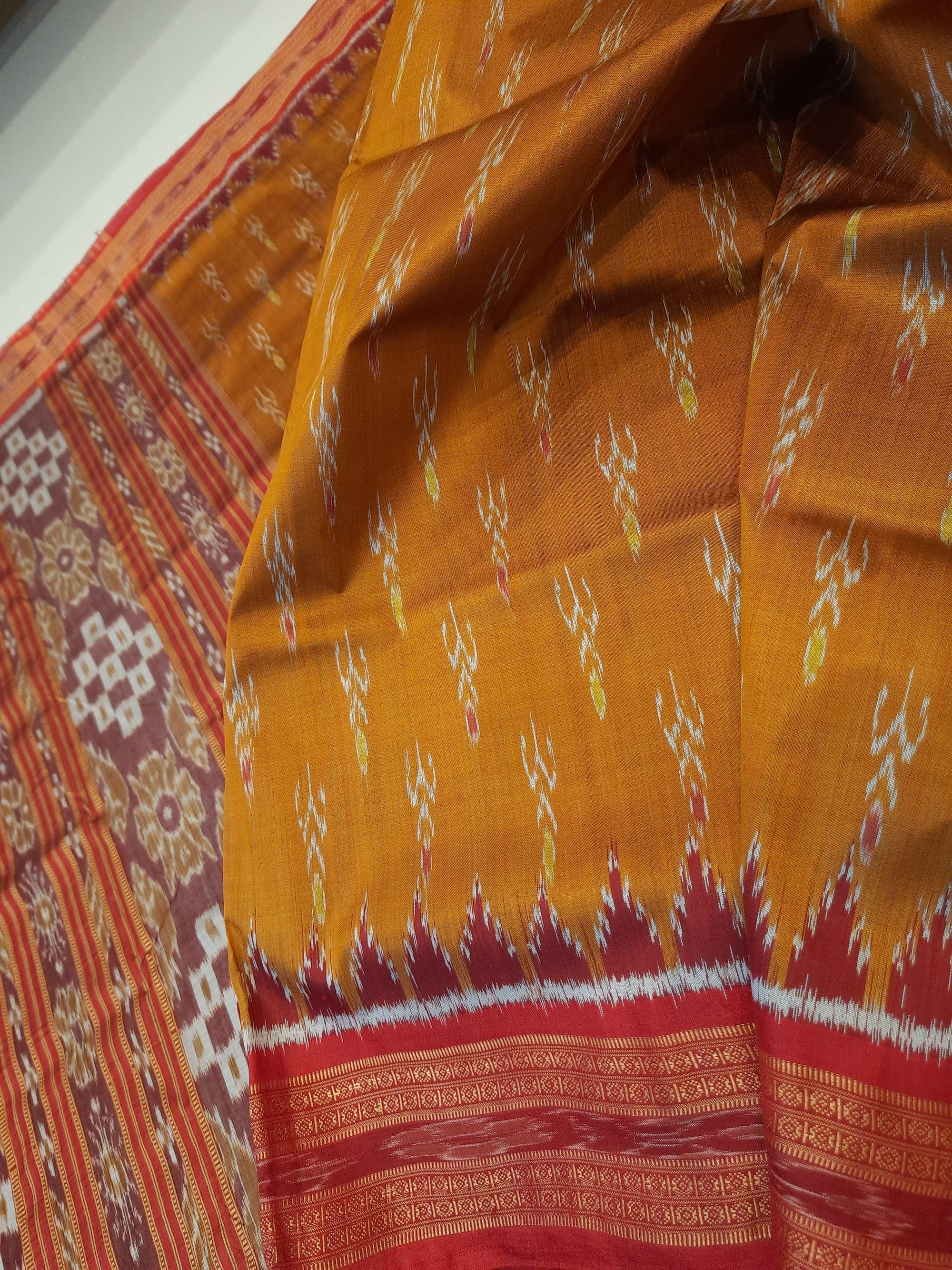 Golden with Red Odisha Khandua Pata Silk Saree paired with cotton ikat blouse piece