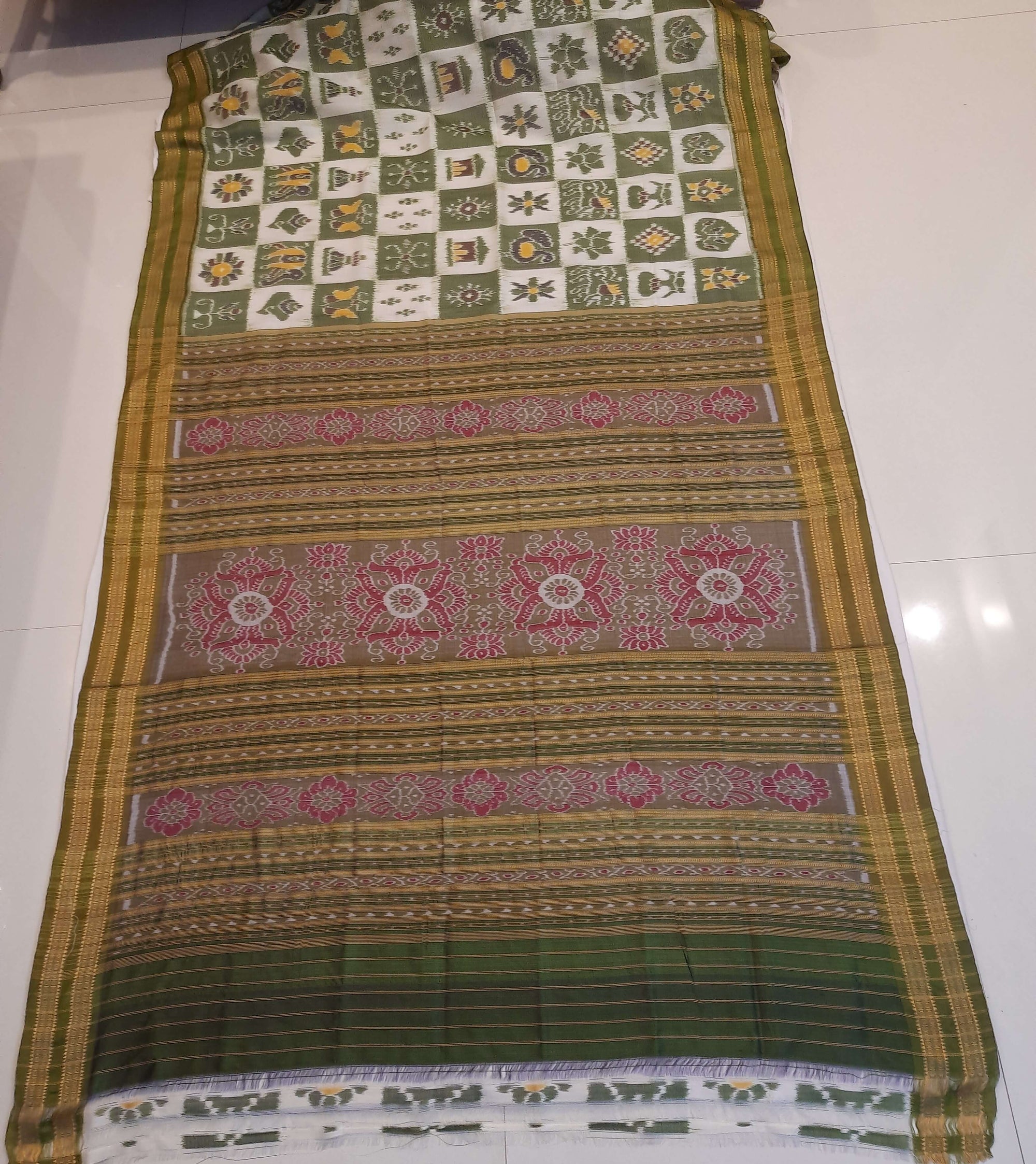 White with Green Odisha Khandua Pata Silk Saree paired with cotton ikat blouse piece