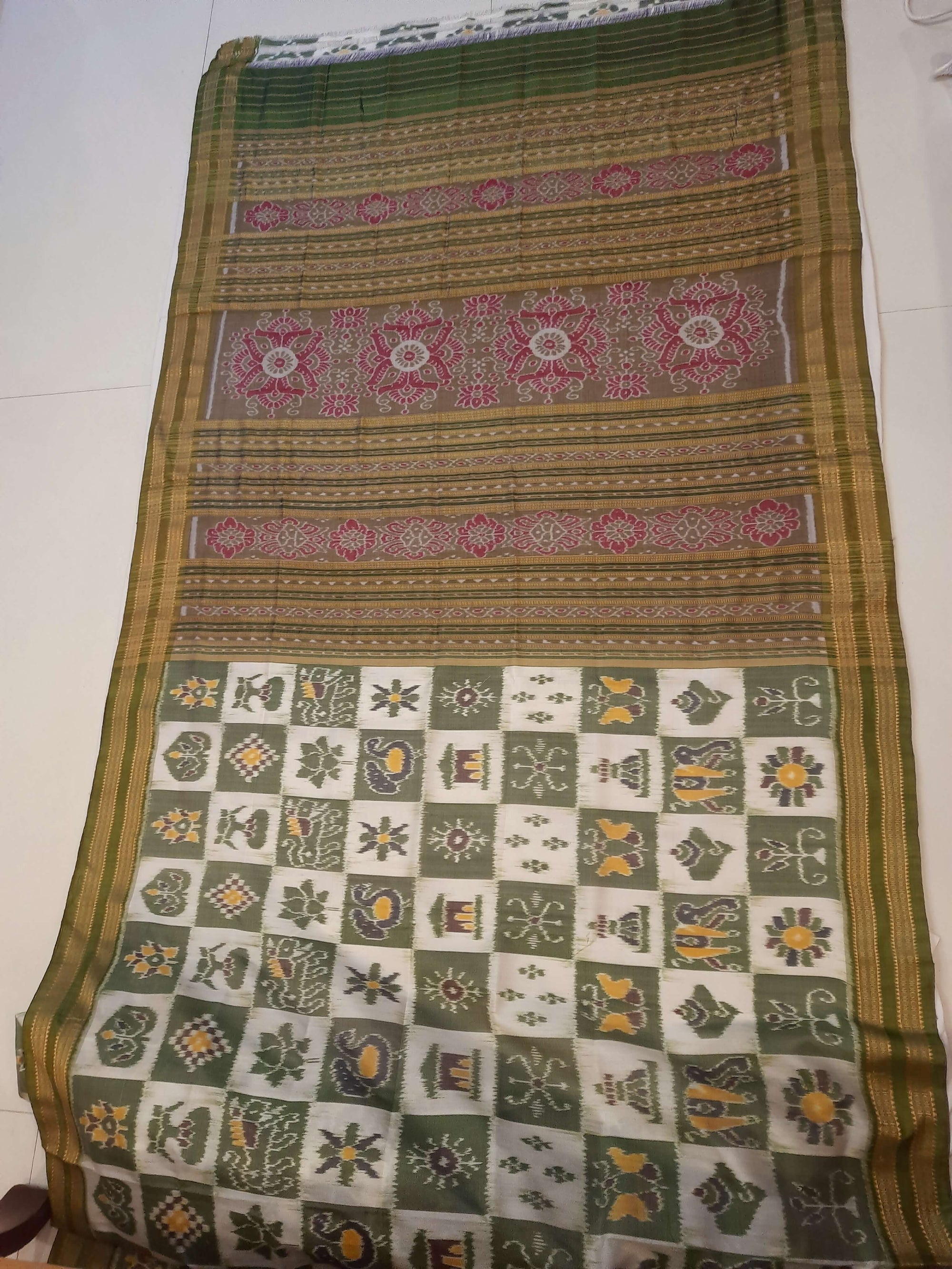 White with Green Odisha Khandua Pata Silk Saree paired with cotton ikat blouse piece