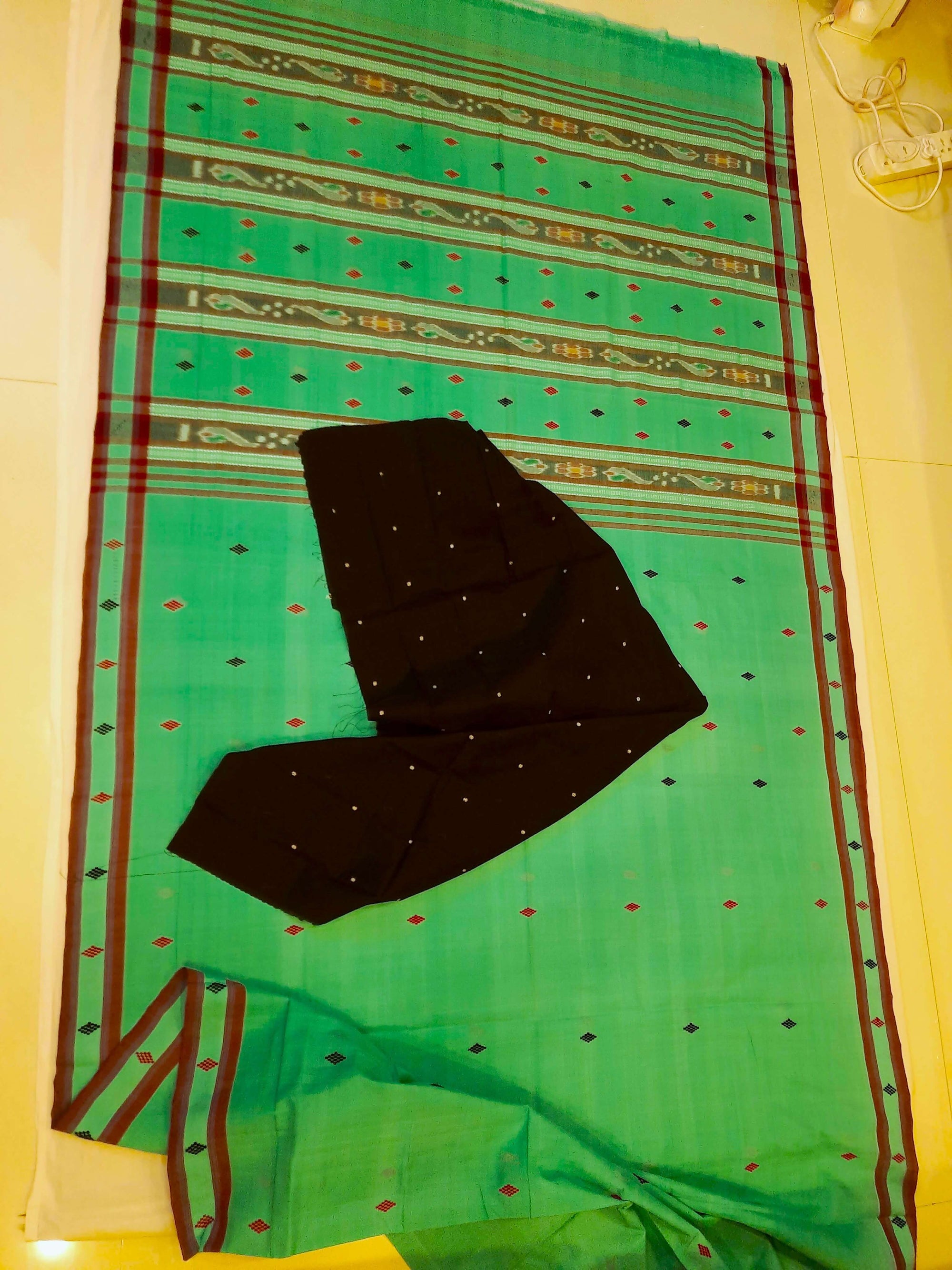 Green  Cotton Odisha Ikat saree with mix match blouse piece
