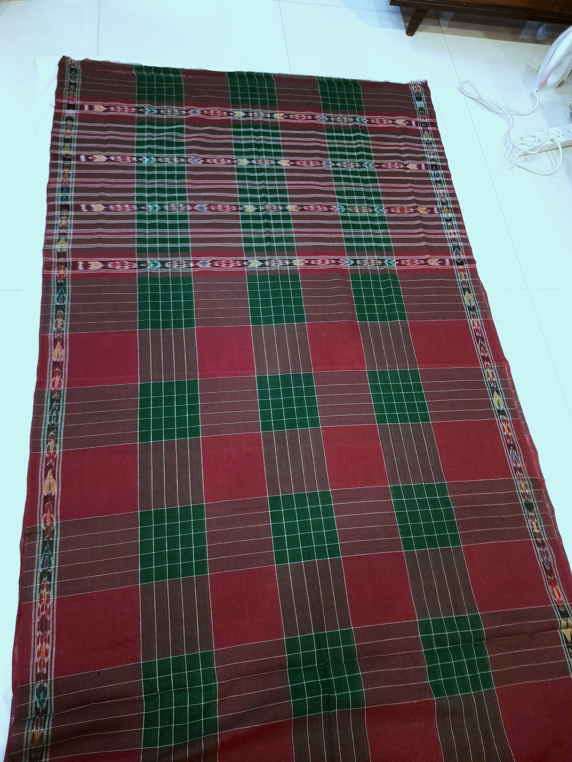 Maroon checkered body Cotton Odisha Ikat saree with mix match blouse piece