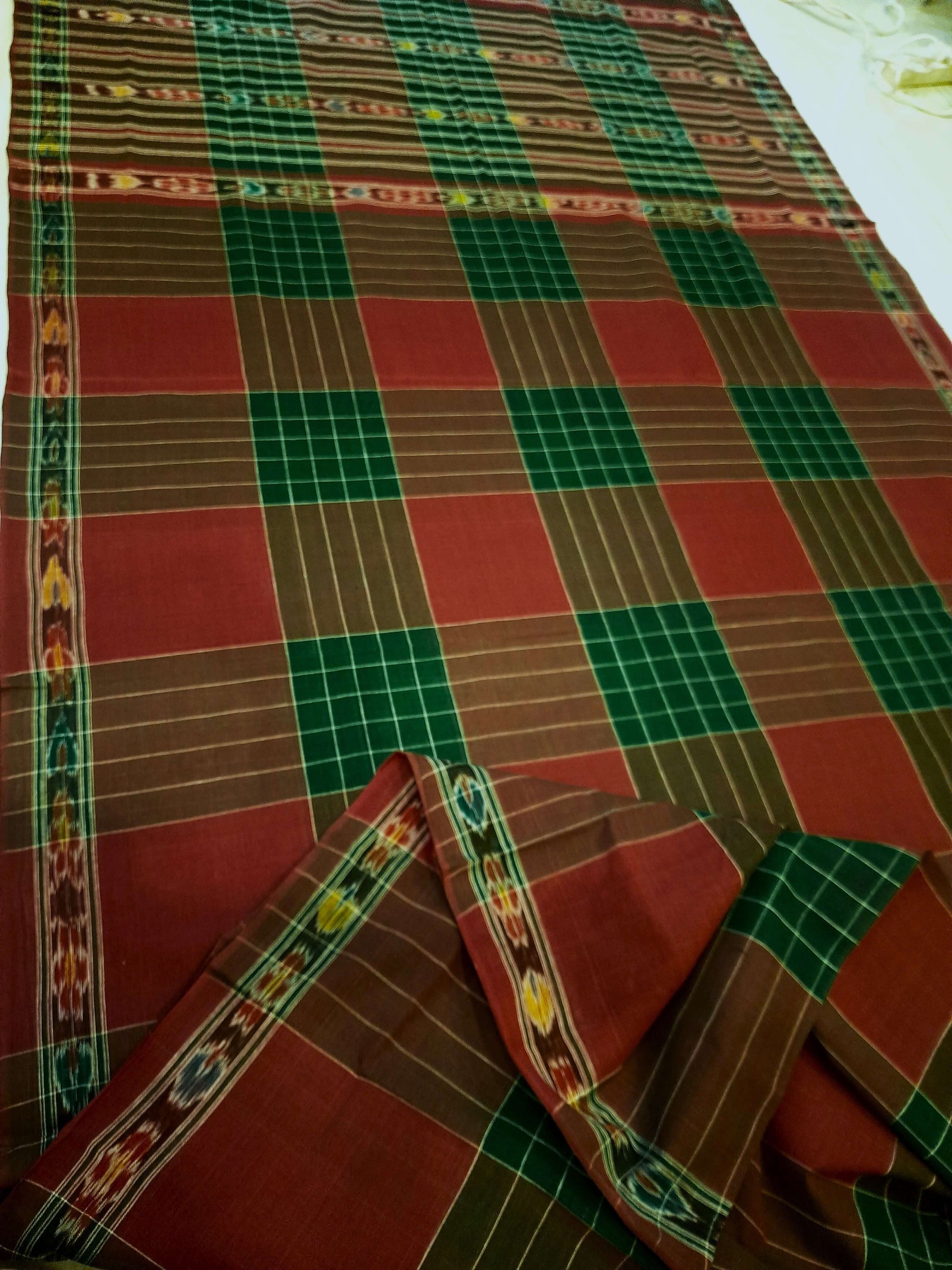 Maroon checkered body Cotton Odisha Ikat saree with mix match blouse piece