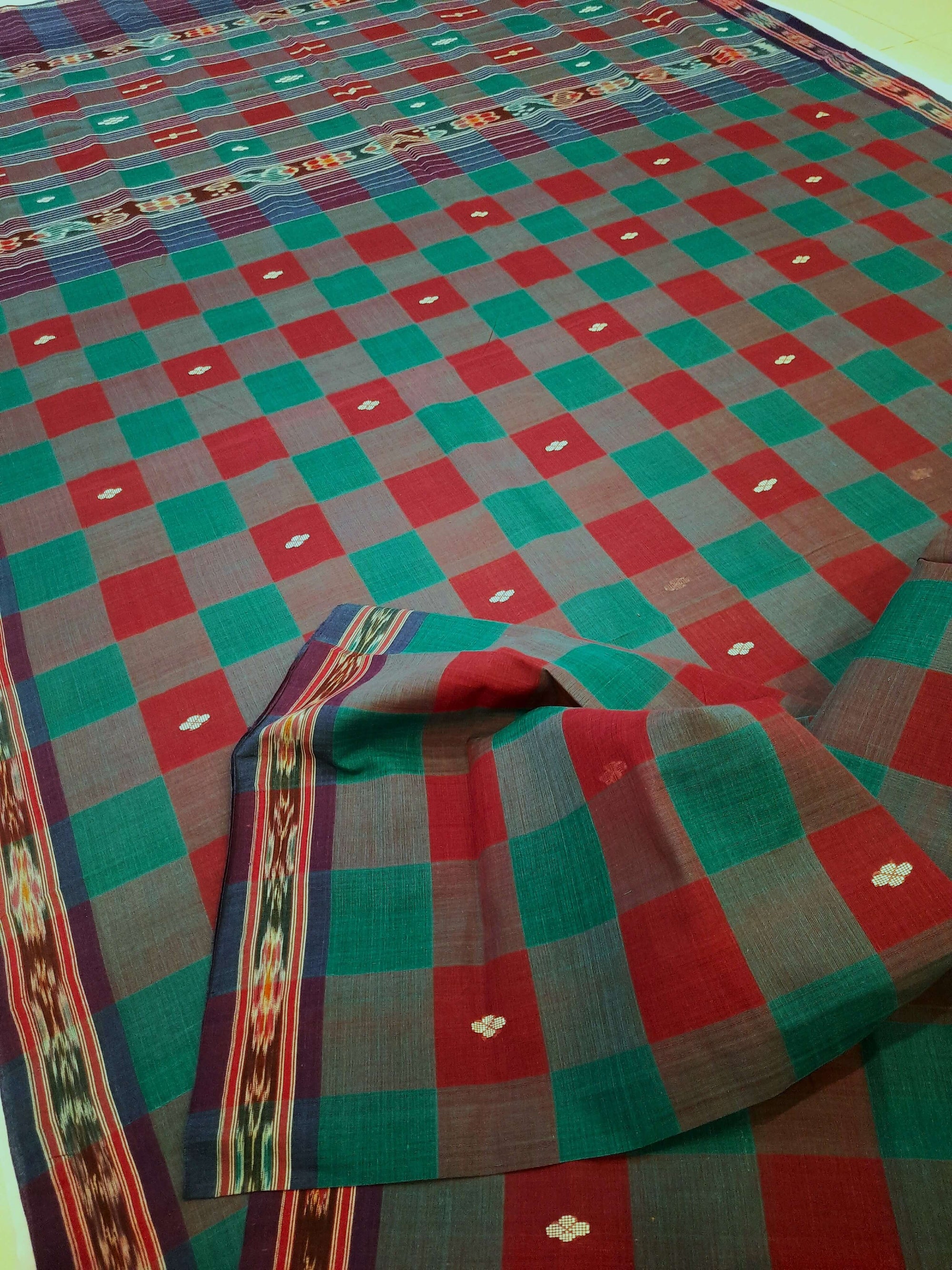 Checkered body Cotton Odisha Ikat saree with mix match blouse piece