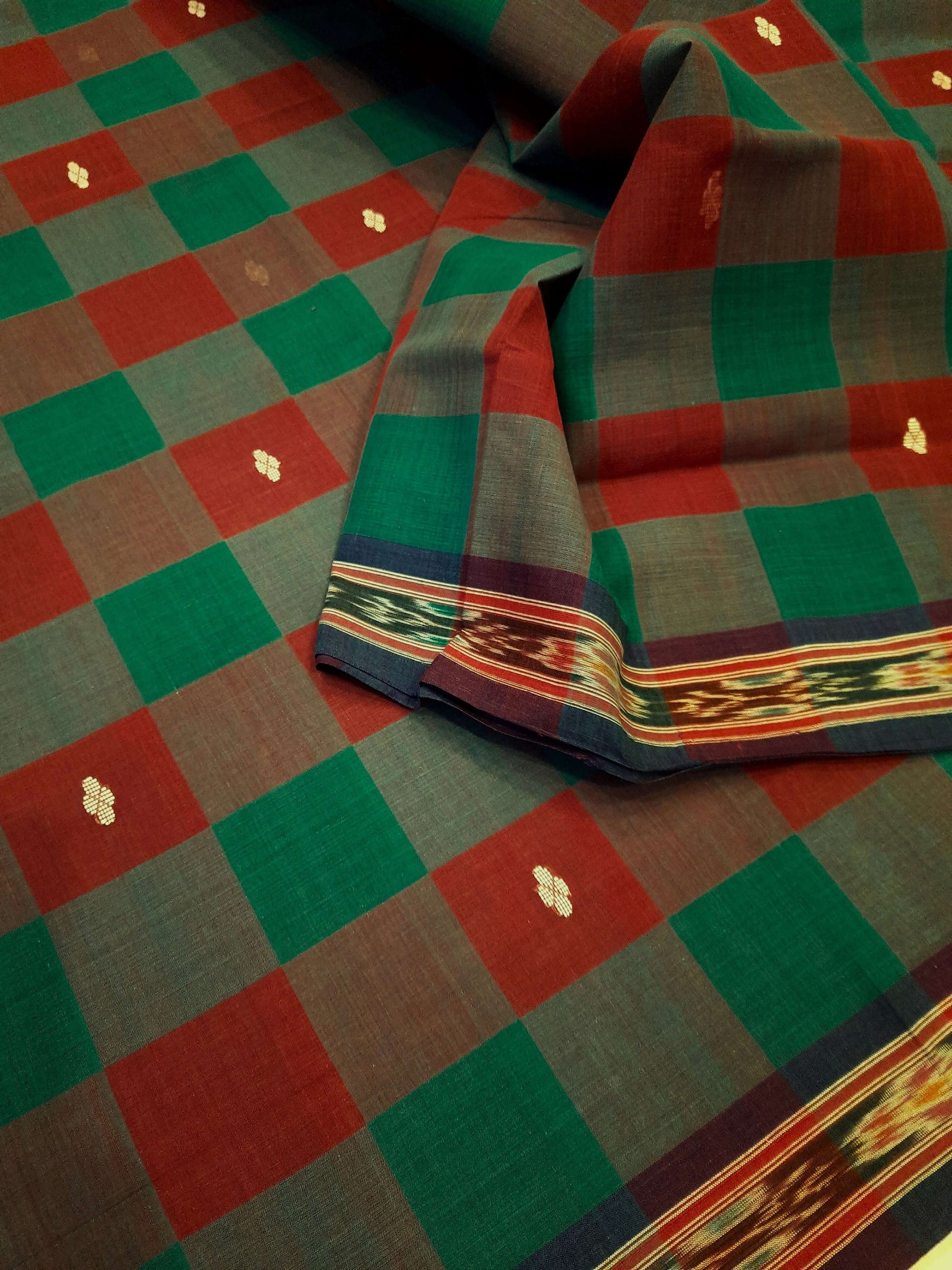 Checkered body Cotton Odisha Ikat saree with mix match blouse piece