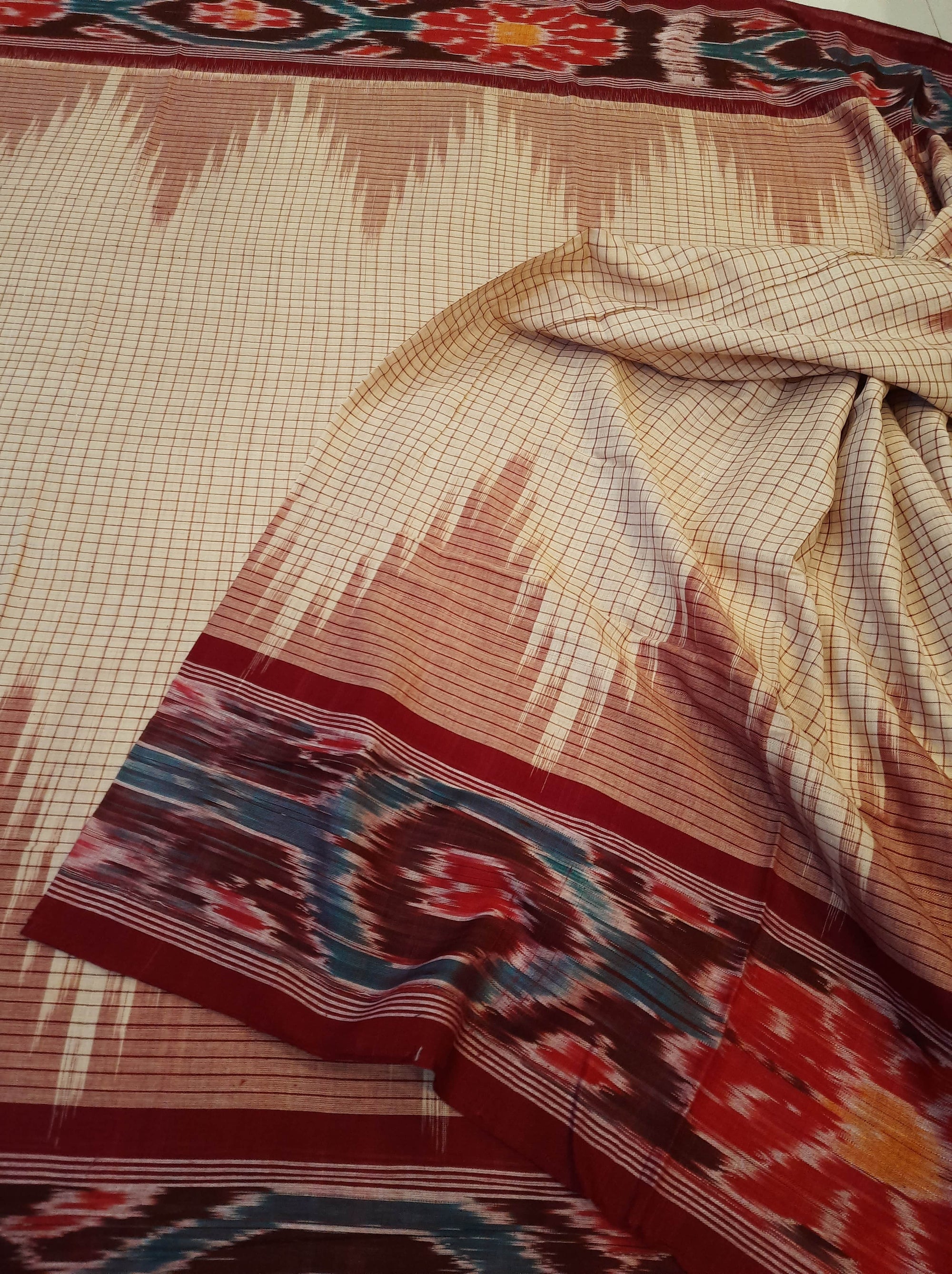 Beige checkered body Cotton Odisha Ikat saree with mix match cotton ikat blouse