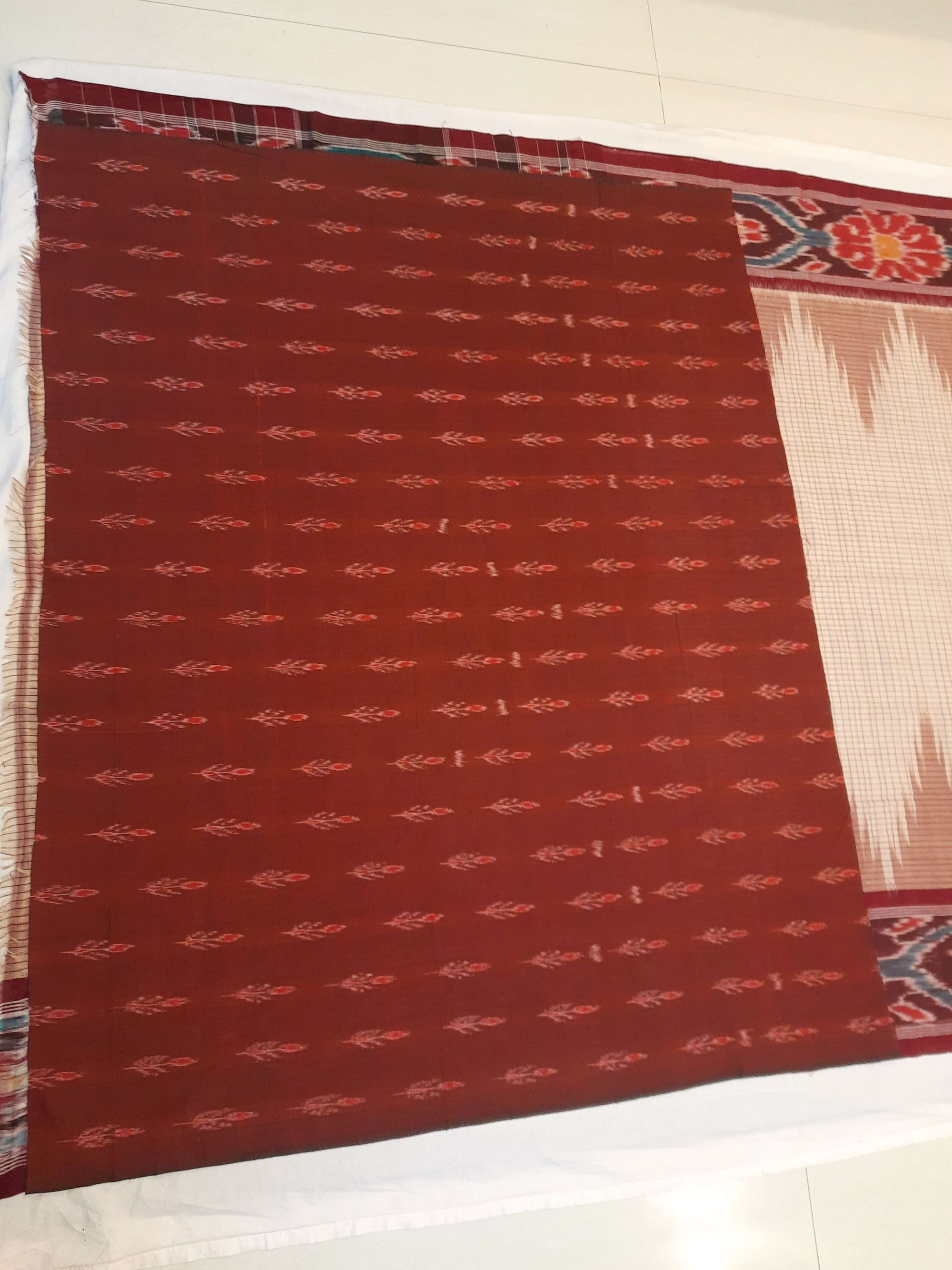 Beige checkered body Cotton Odisha Ikat saree with mix match cotton ikat blouse