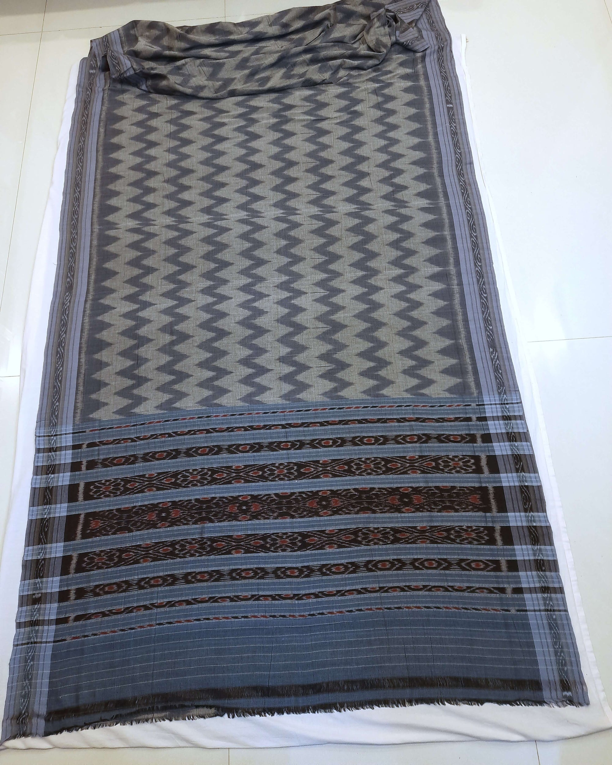 Grey Odisha Ikat saree  with cotton ikat blouse piece