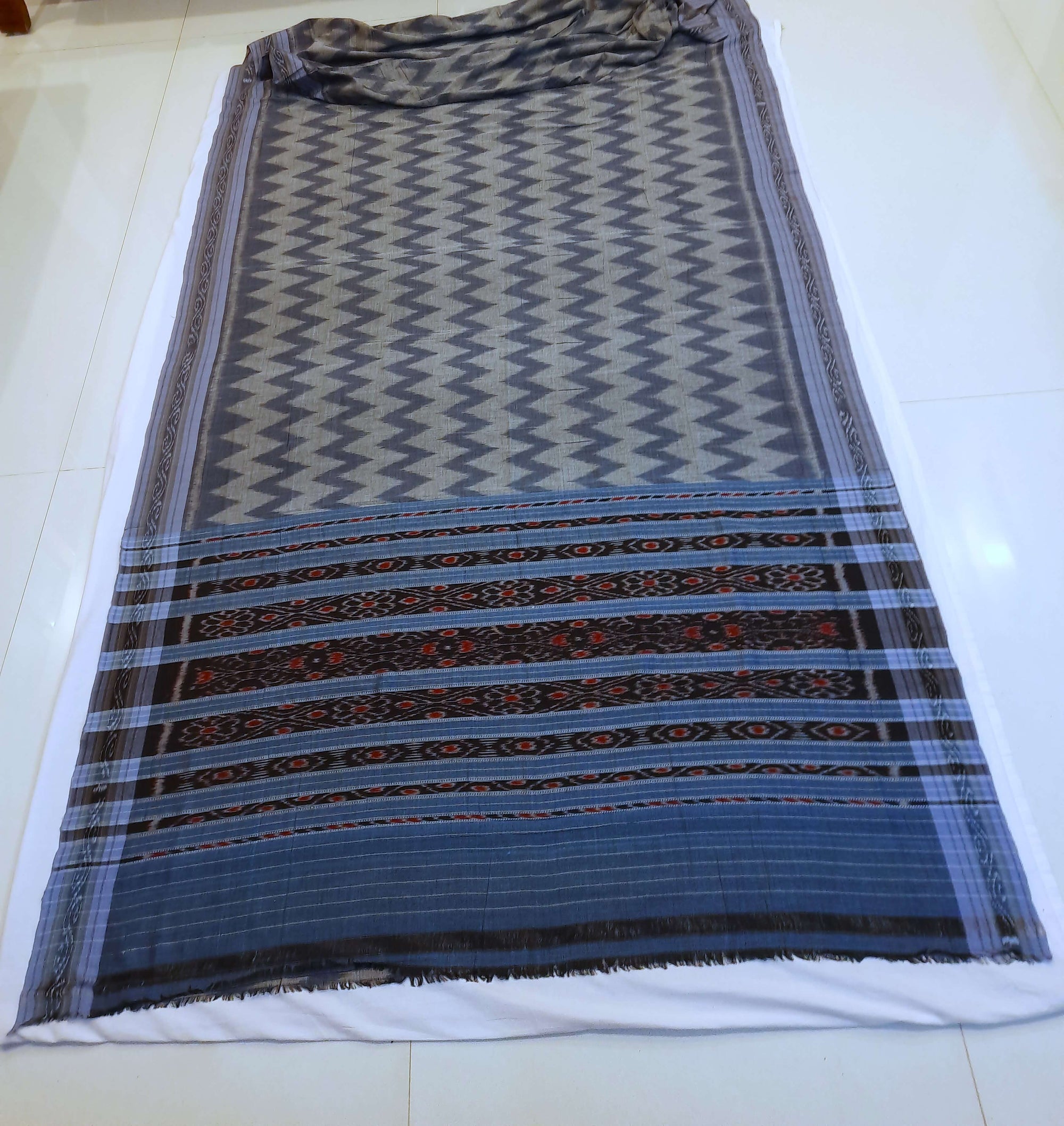 Grey Odisha Ikat saree  with cotton ikat blouse piece