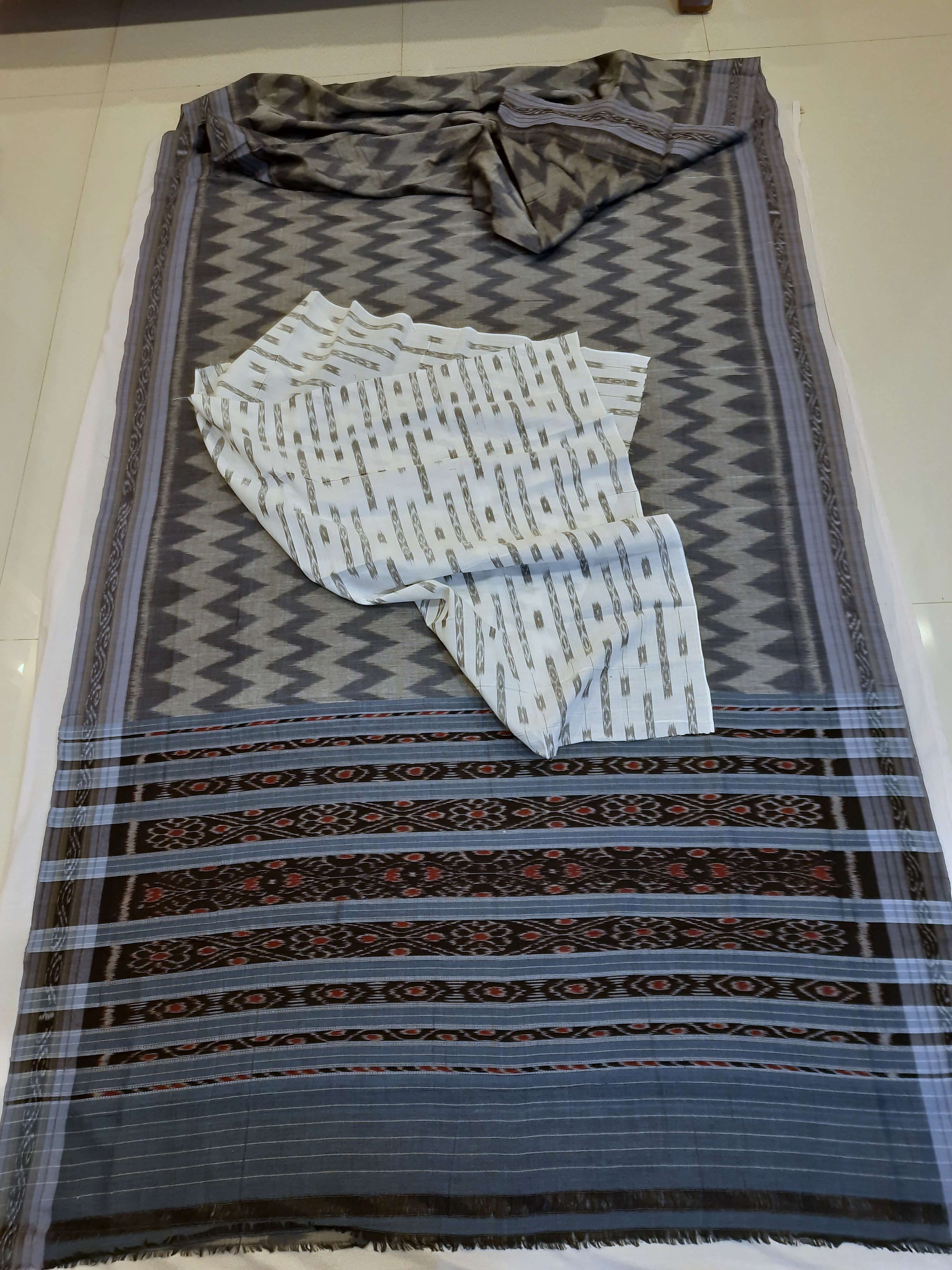 Grey Odisha Ikat saree  with cotton ikat blouse piece