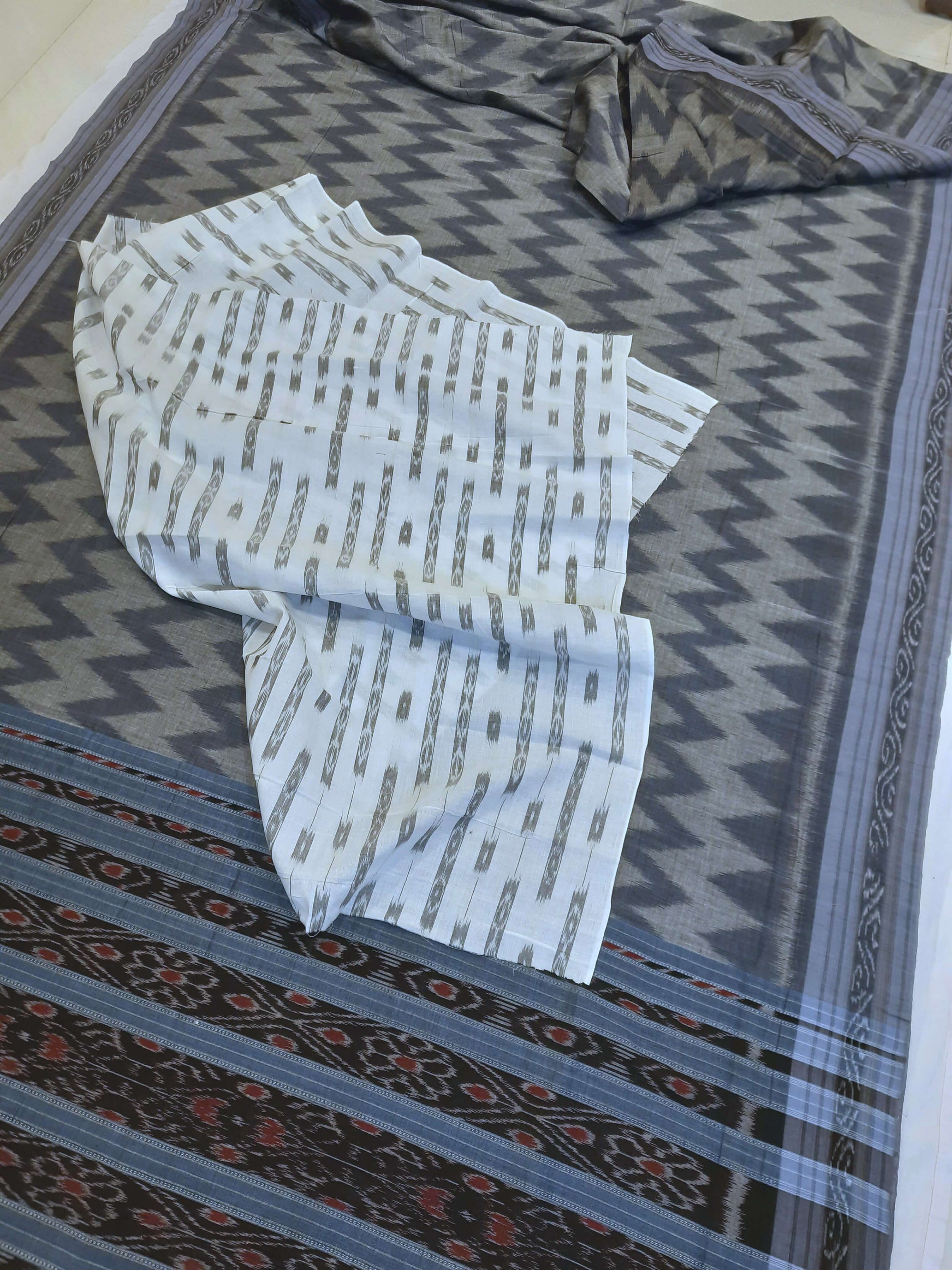 Grey Odisha Ikat saree  with cotton ikat blouse piece