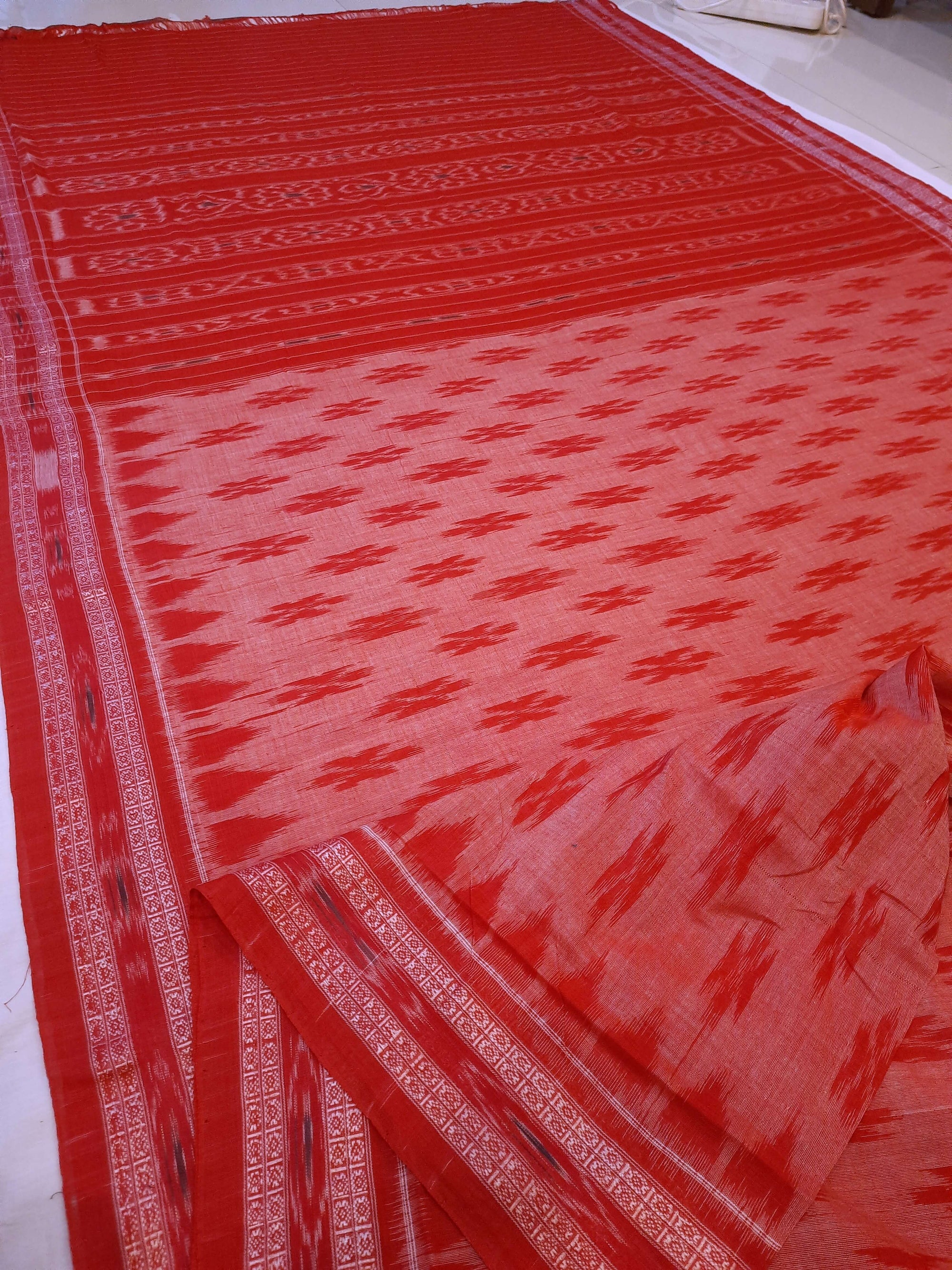 Pink and Red Cotton Odisha Ikat saree  with mix match cotton ikat blouse piece
