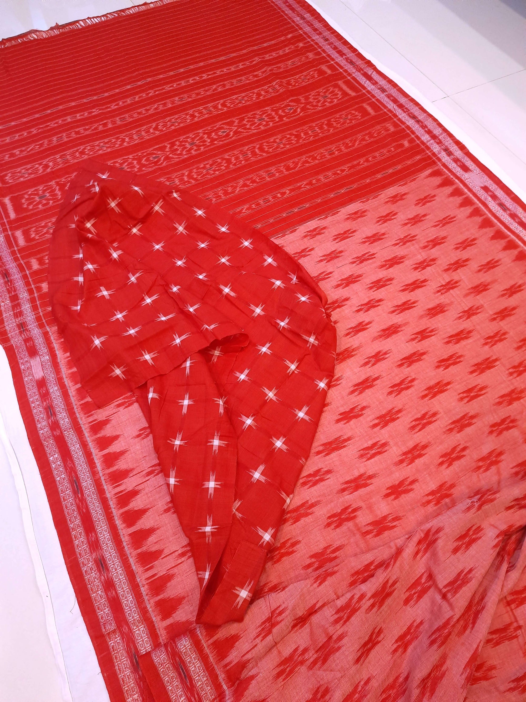 Pink and Red Cotton Odisha Ikat saree  with mix match cotton ikat blouse piece