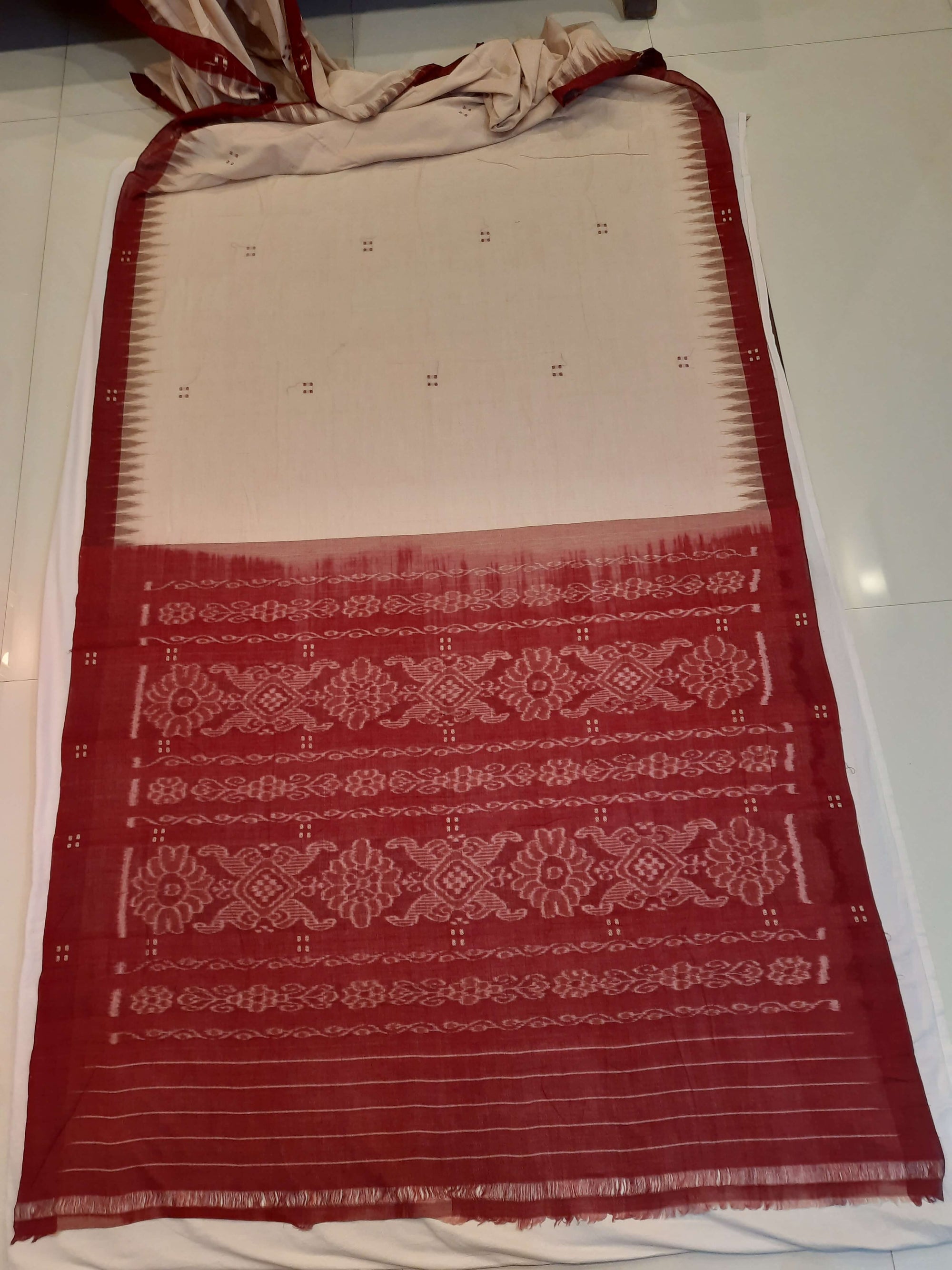 Beige with Maroon Cotton Odisha Ikat saree  with mix match cotton ikat blouse