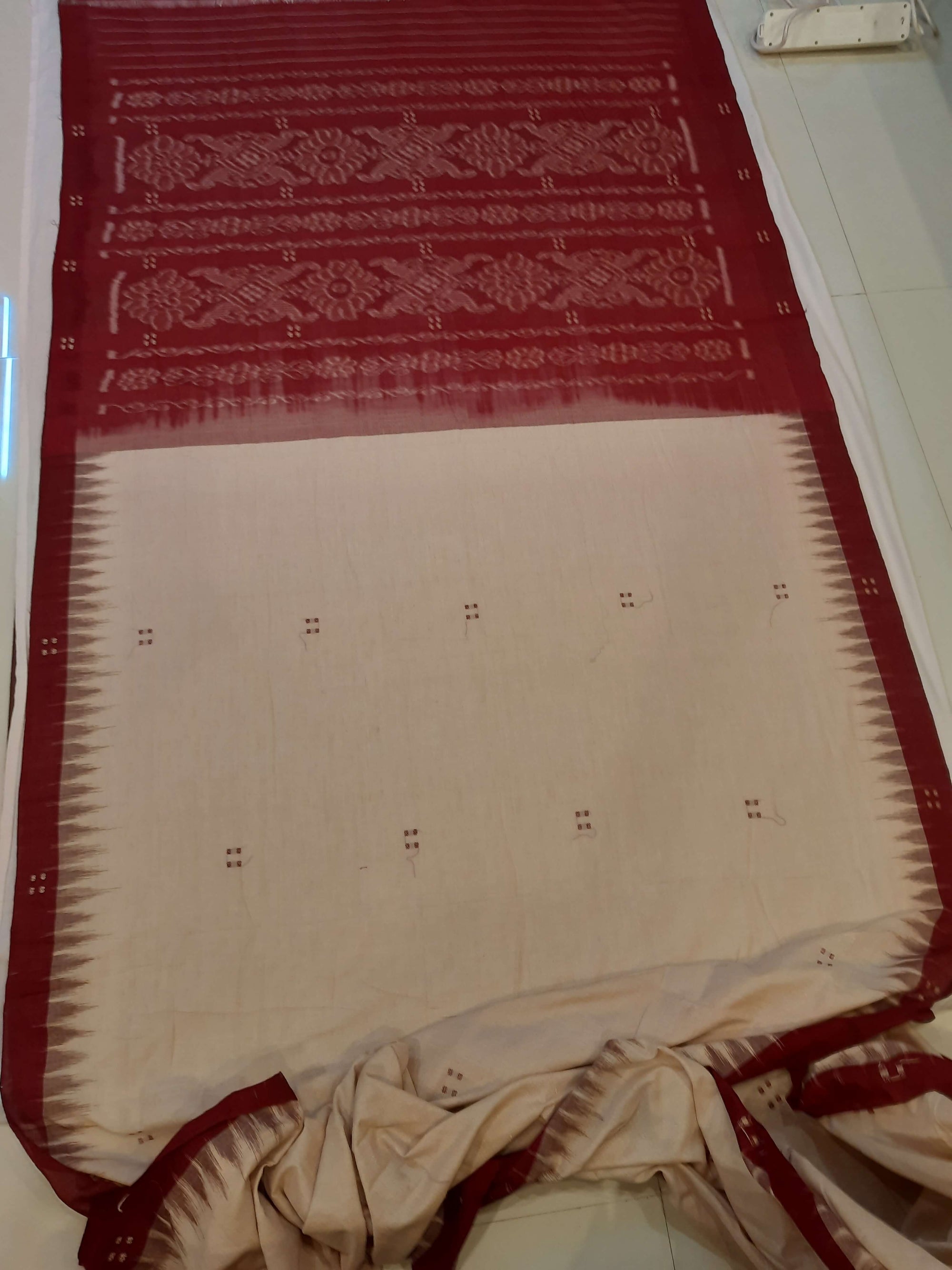 Beige with Maroon Cotton Odisha Ikat saree  with mix match cotton ikat blouse