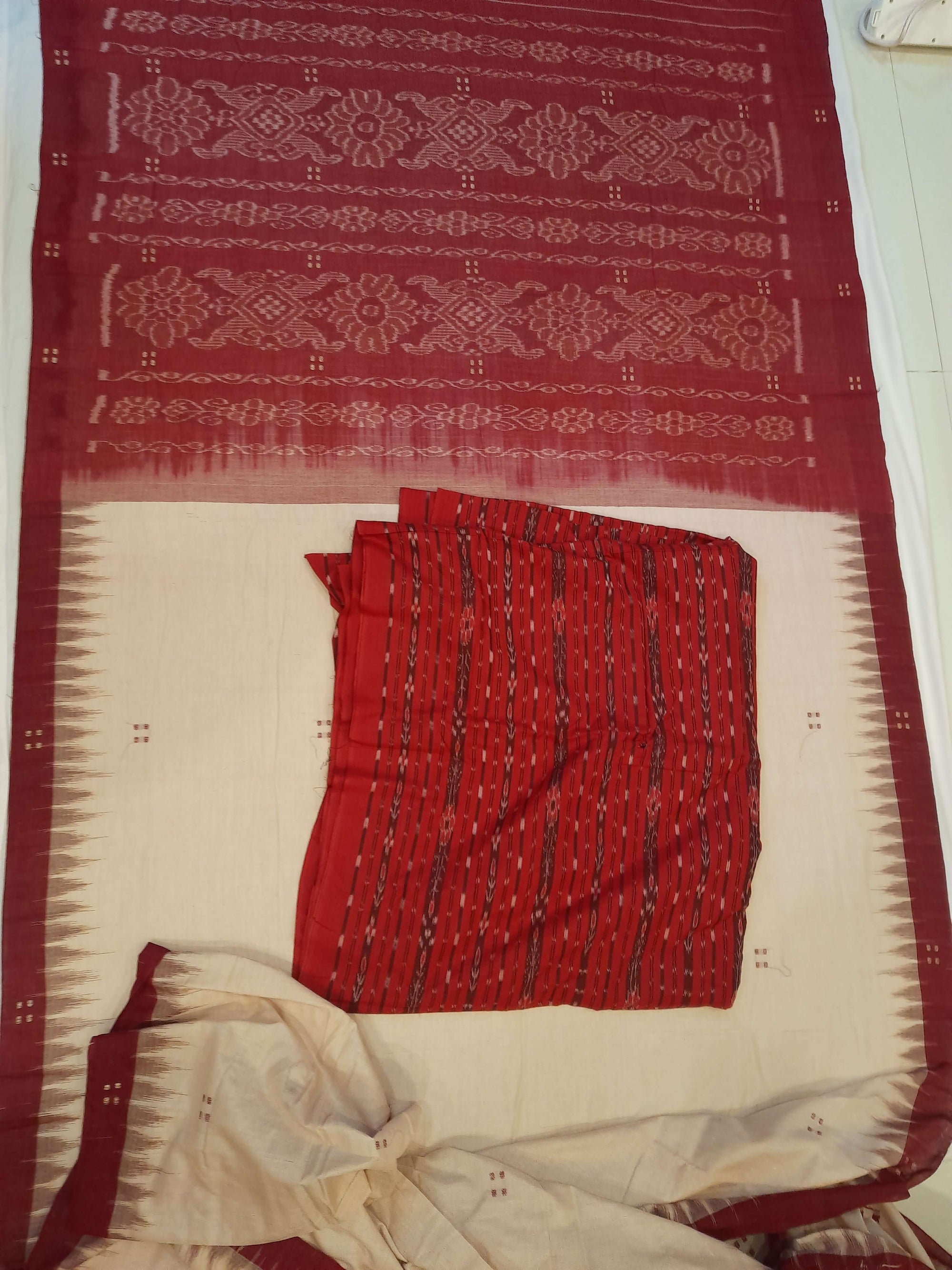 Beige with Maroon Cotton Odisha Ikat saree  with mix match cotton ikat blouse