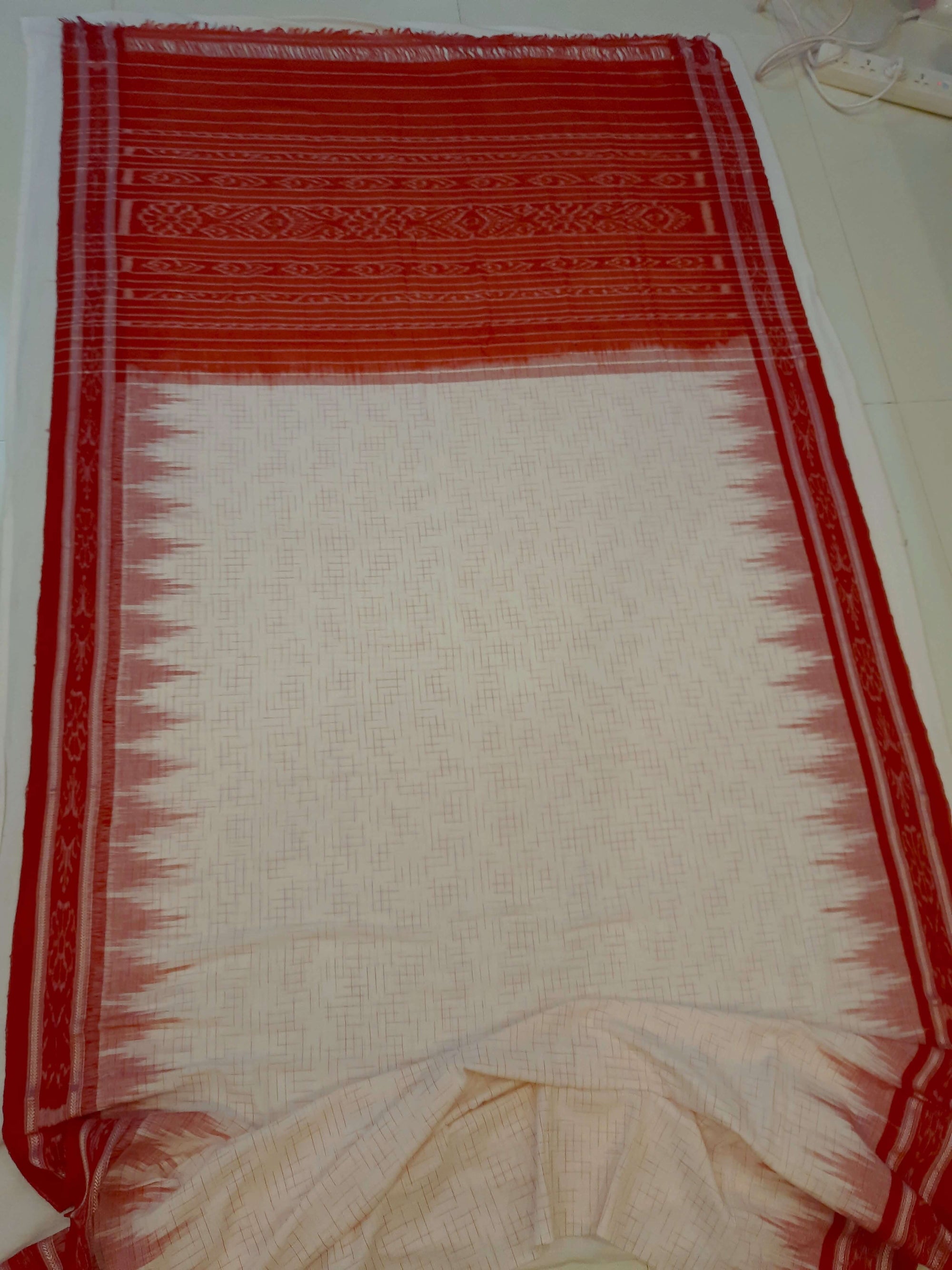 White with Red Cotton Odisha Ikat saree with mix match cotton ikat blouse piece