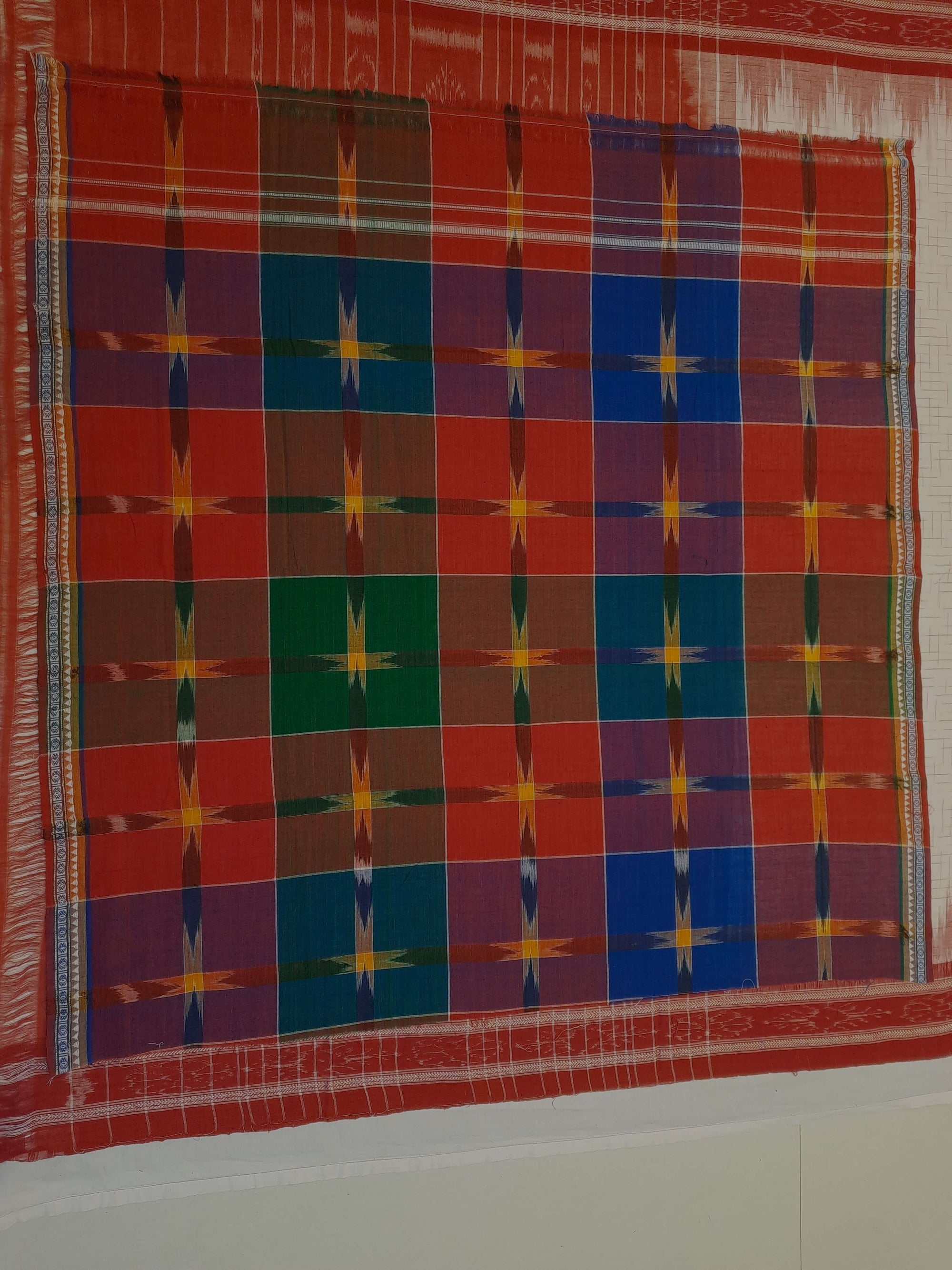 White with Red Cotton Odisha Ikat saree with mix match cotton ikat blouse piece