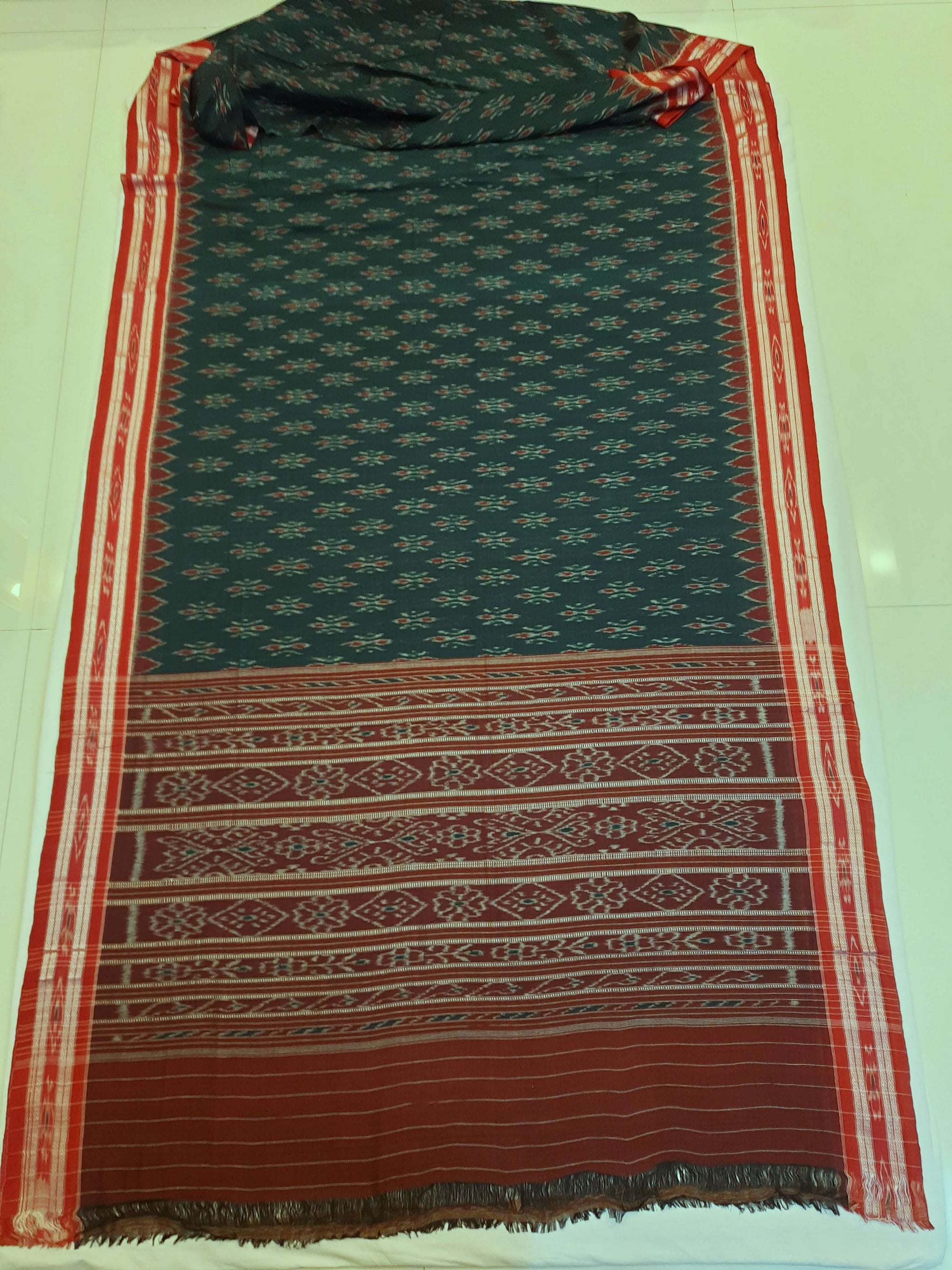 Green and Red Cotton Odisha Ikat saree  with mix match cotton ikat blouse piece