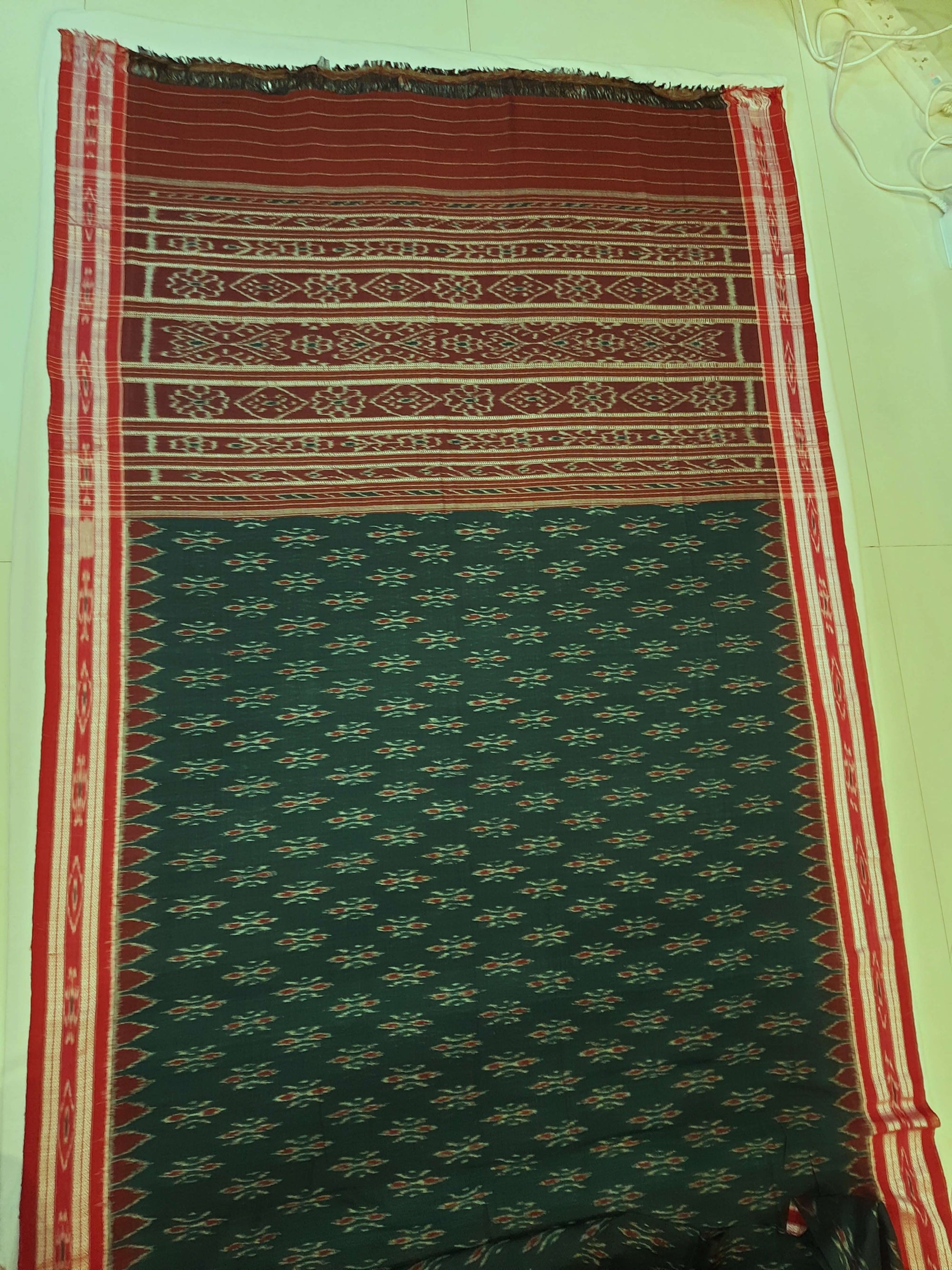 Green and Red Cotton Odisha Ikat saree  with mix match cotton ikat blouse piece