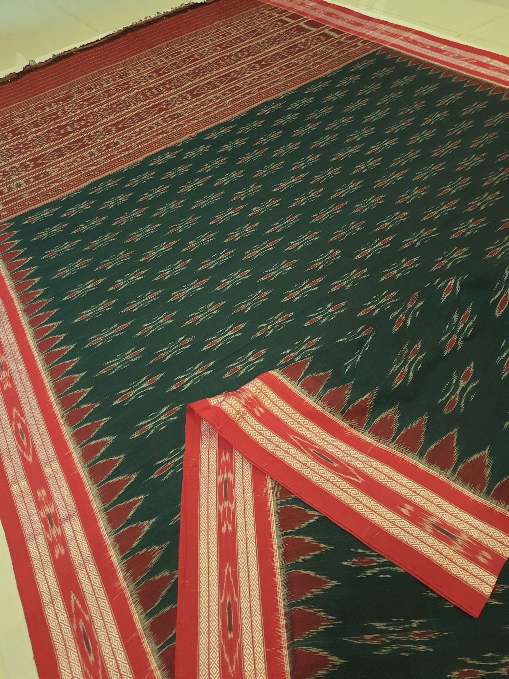 Green and Red Cotton Odisha Ikat saree  with mix match cotton ikat blouse piece