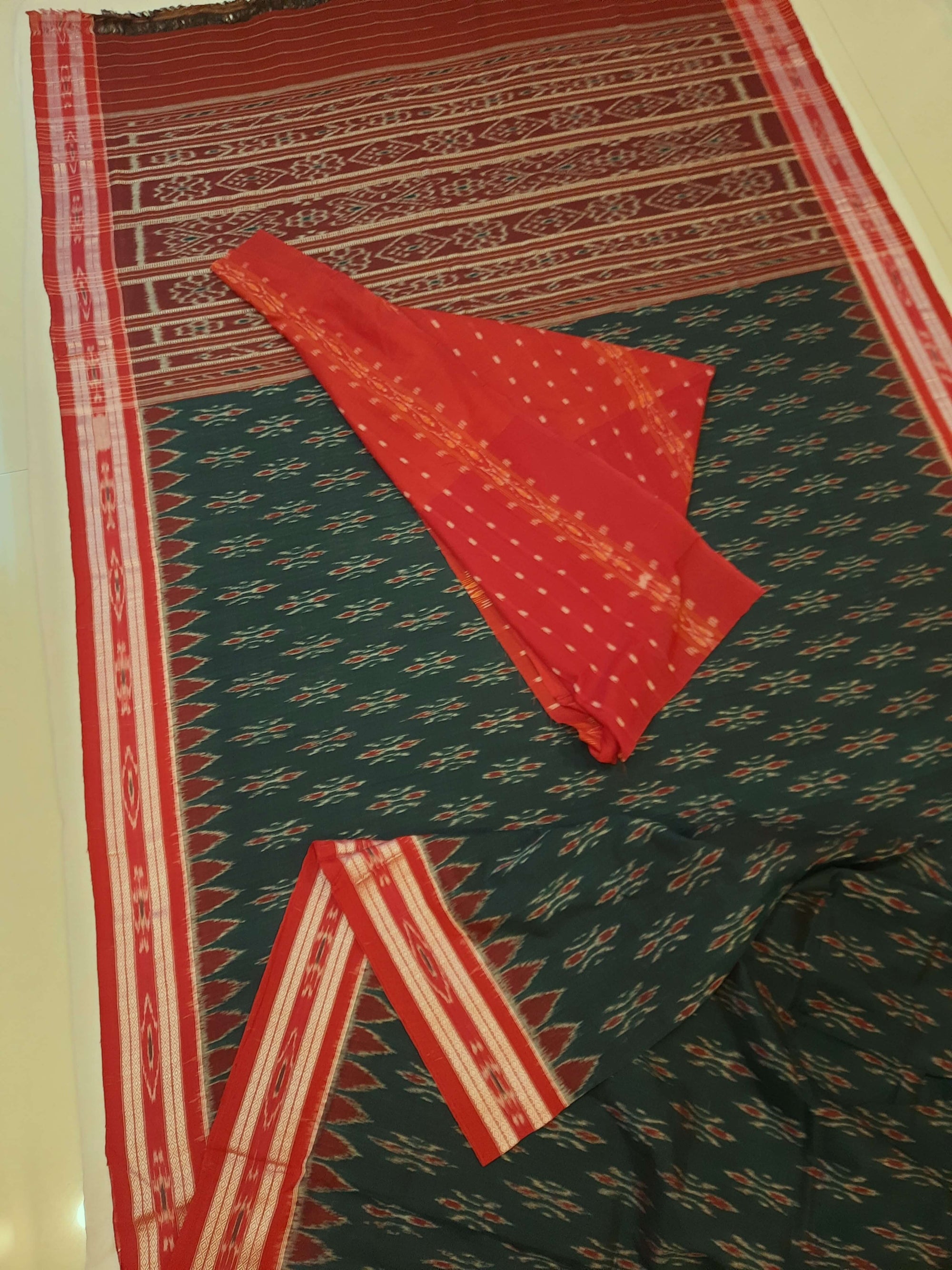 Green and Red Cotton Odisha Ikat saree  with mix match cotton ikat blouse piece