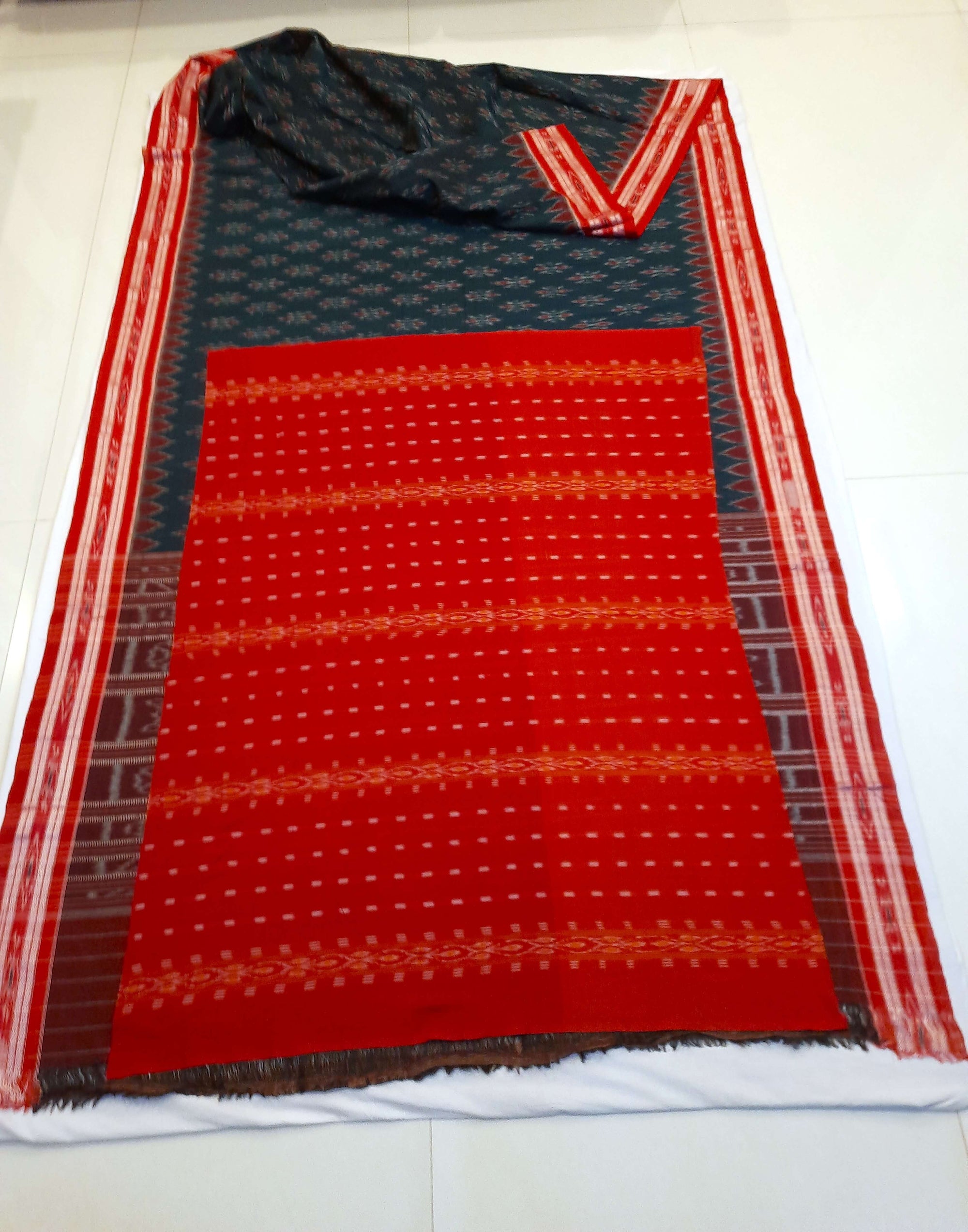 Green and Red Cotton Odisha Ikat saree  with mix match cotton ikat blouse piece