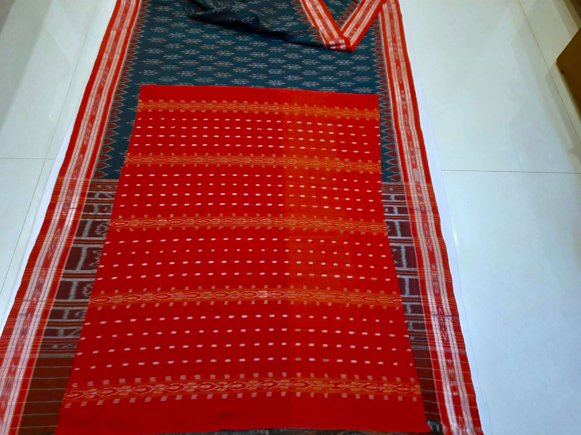 Green and Red Cotton Odisha Ikat saree  with mix match cotton ikat blouse piece