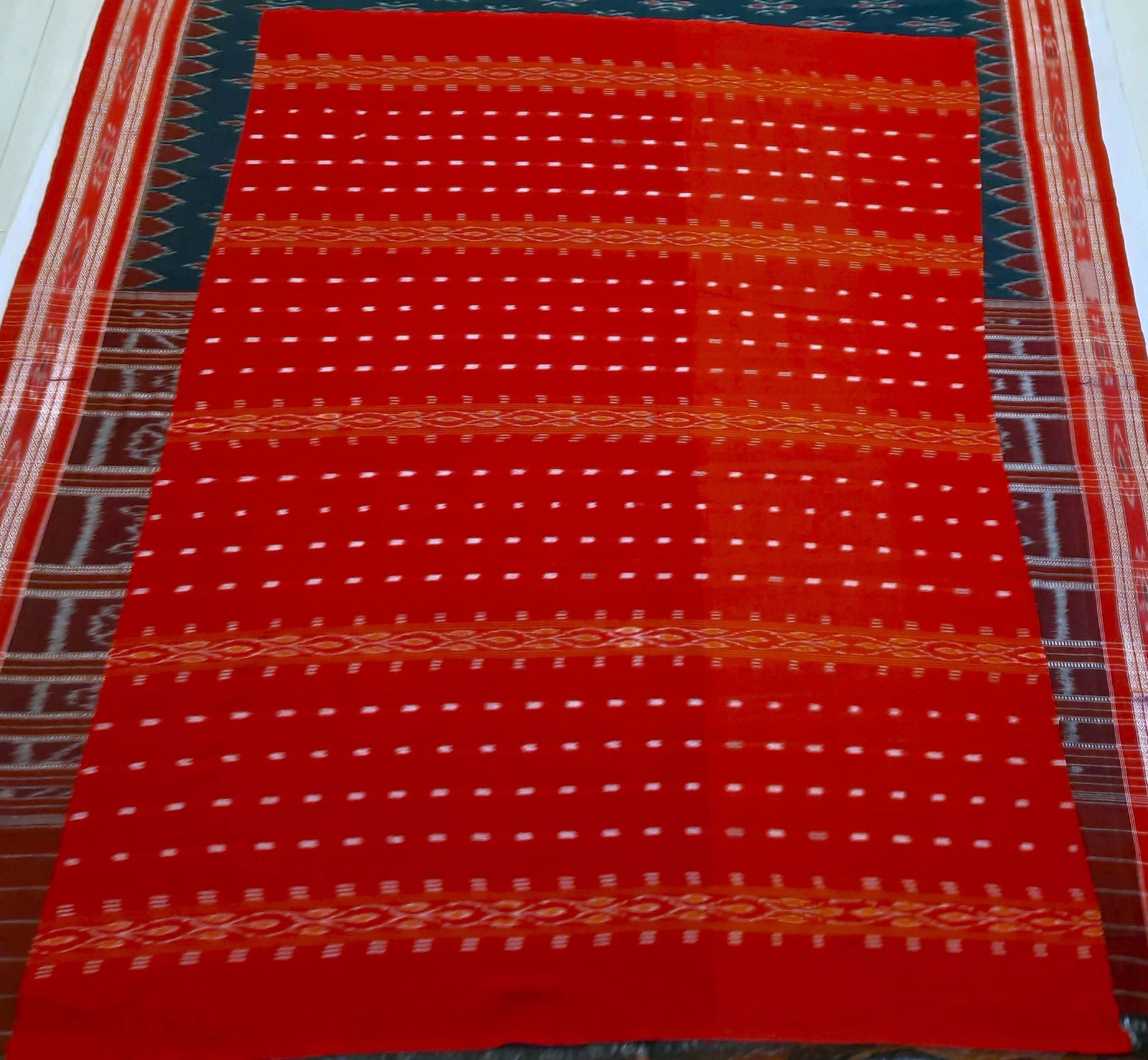 White Red Cotton Odisha Ikat saree with mix match cotton ikat blouse piece