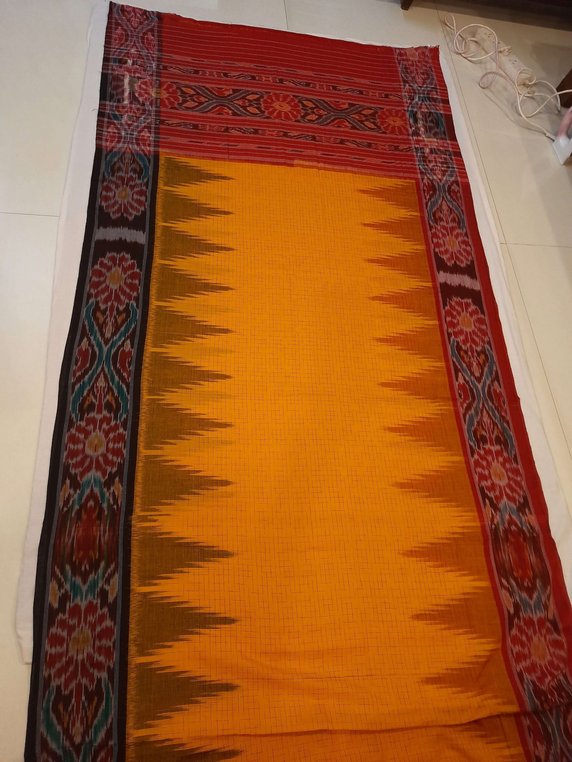 Yellow Gangajamuna border Cotton Odisha Ikat saree with mix match cotton ikat blouse