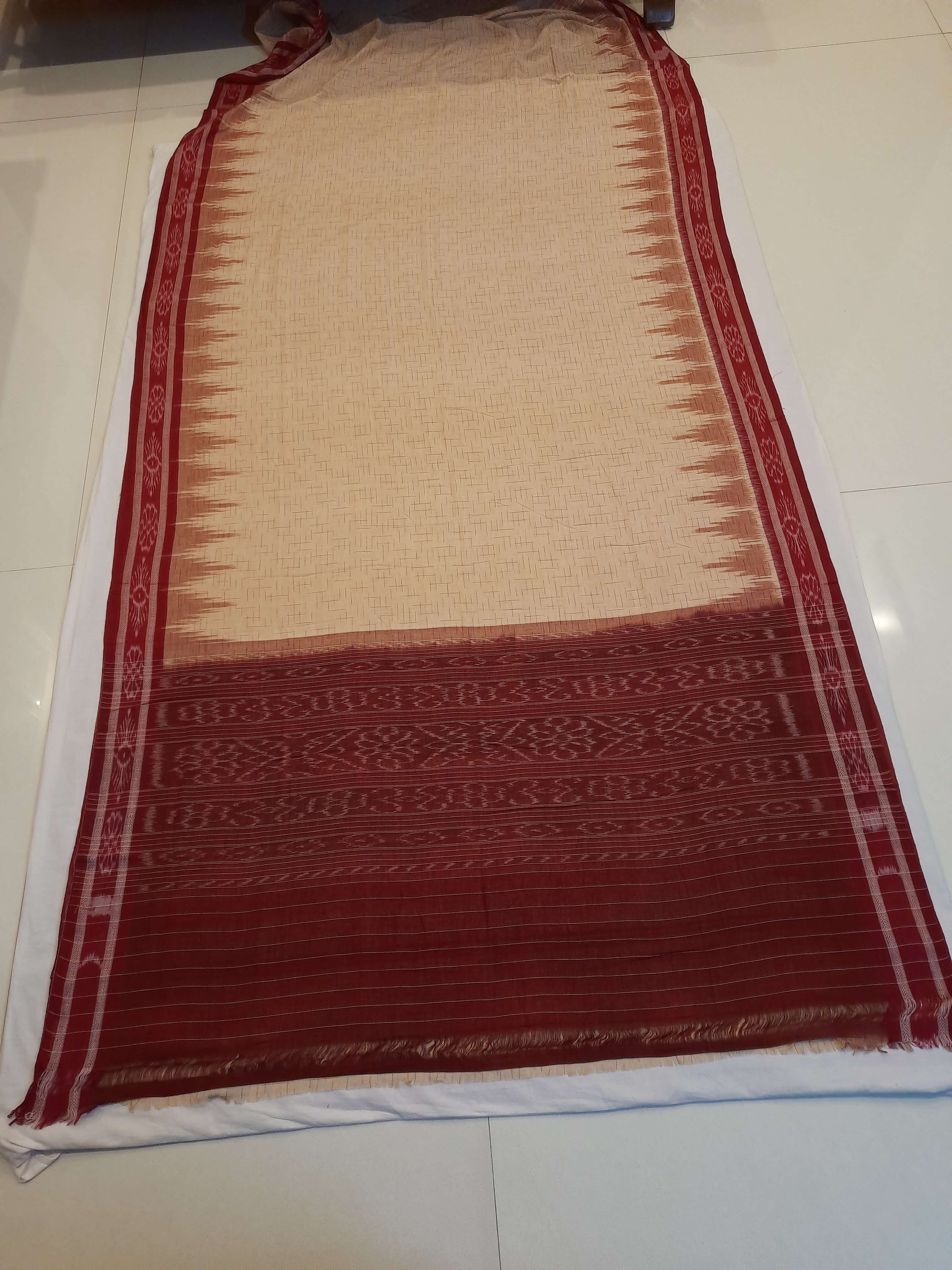 Beige with Maroon Cotton Odisha Ikat saree with mix match cotton ikat blouse piece