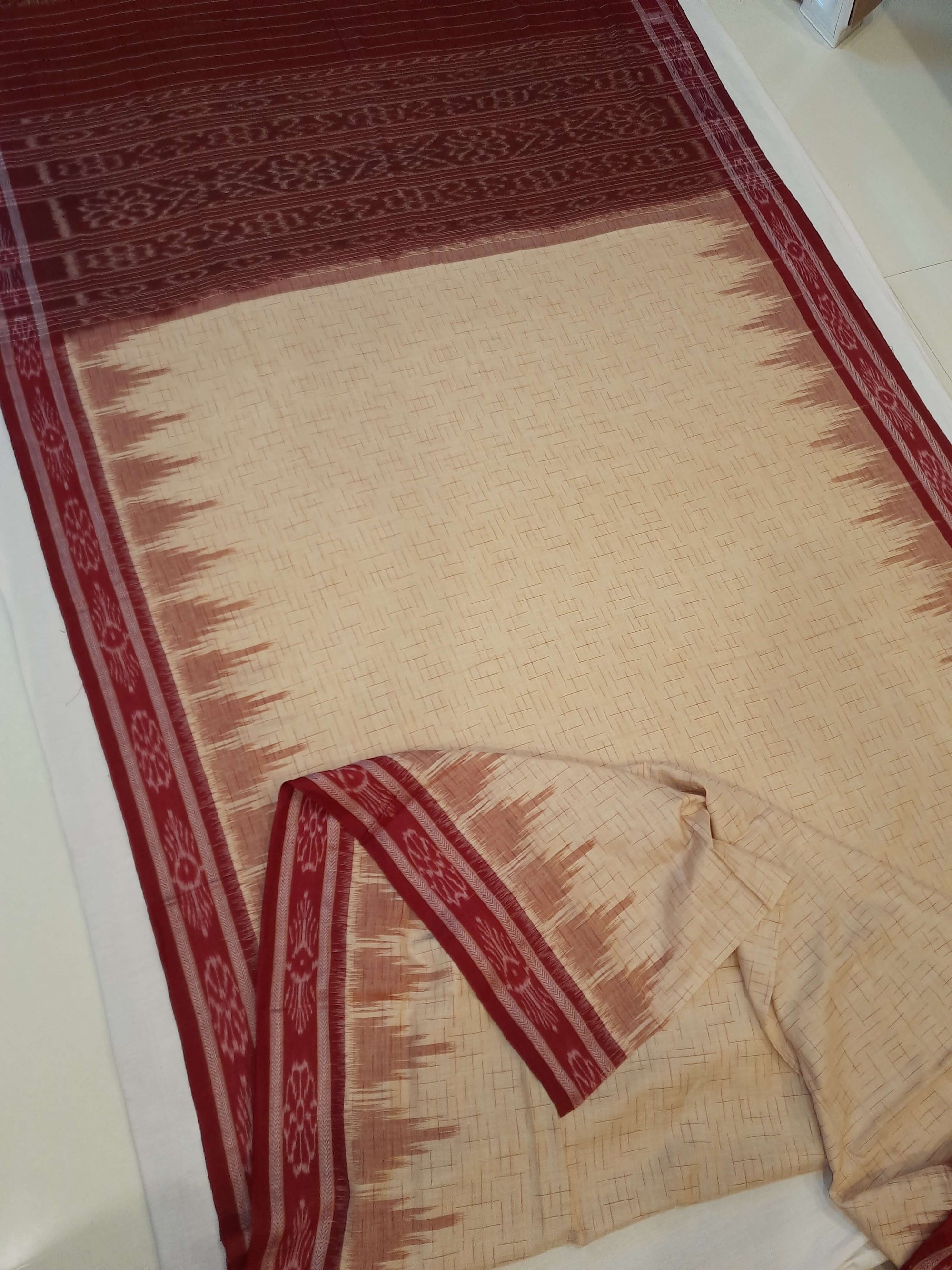 Beige with Maroon Cotton Odisha Ikat saree with mix match cotton ikat blouse piece