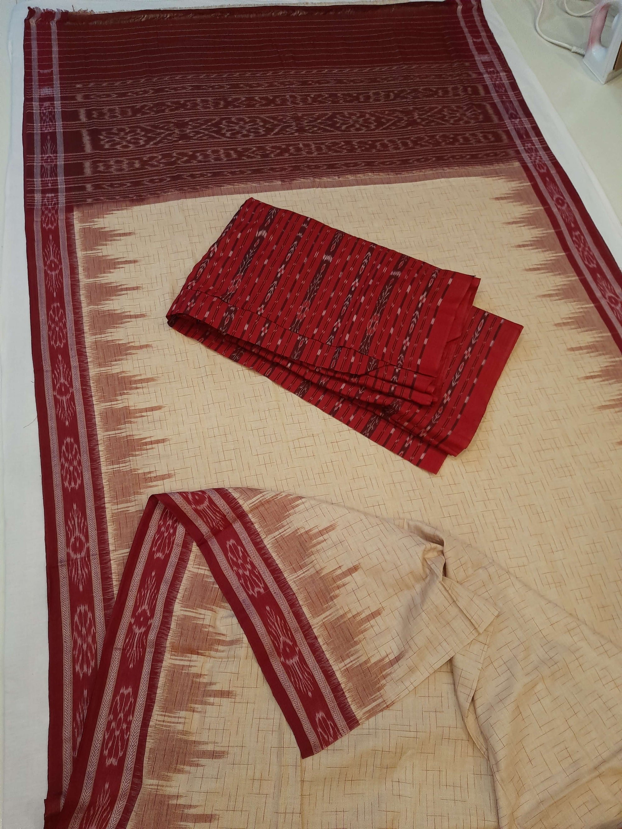 Beige with Maroon Cotton Odisha Ikat saree with mix match cotton ikat blouse piece