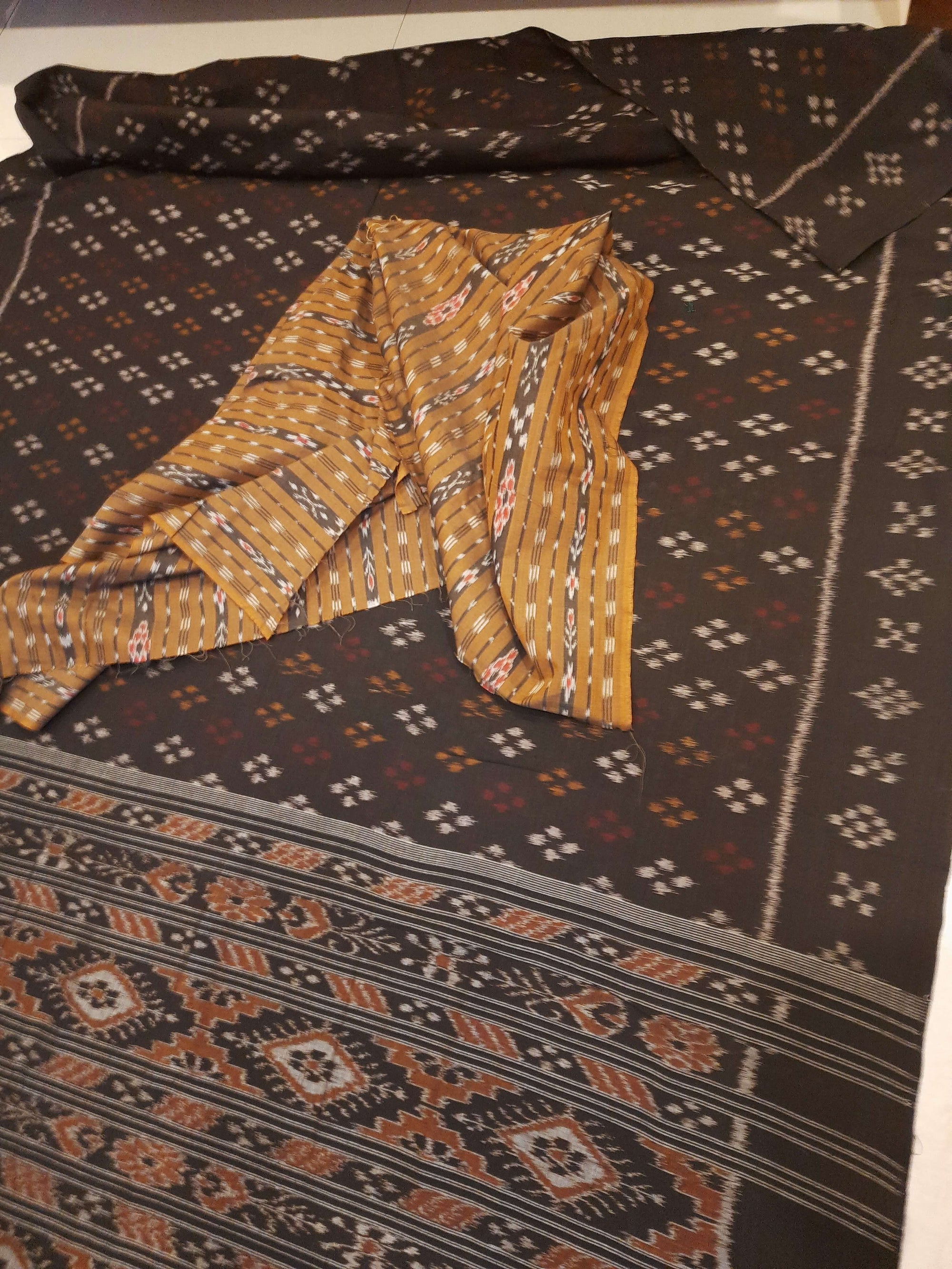 Black Cotton Odisha Ikat saree with cotton ikat blouse piece