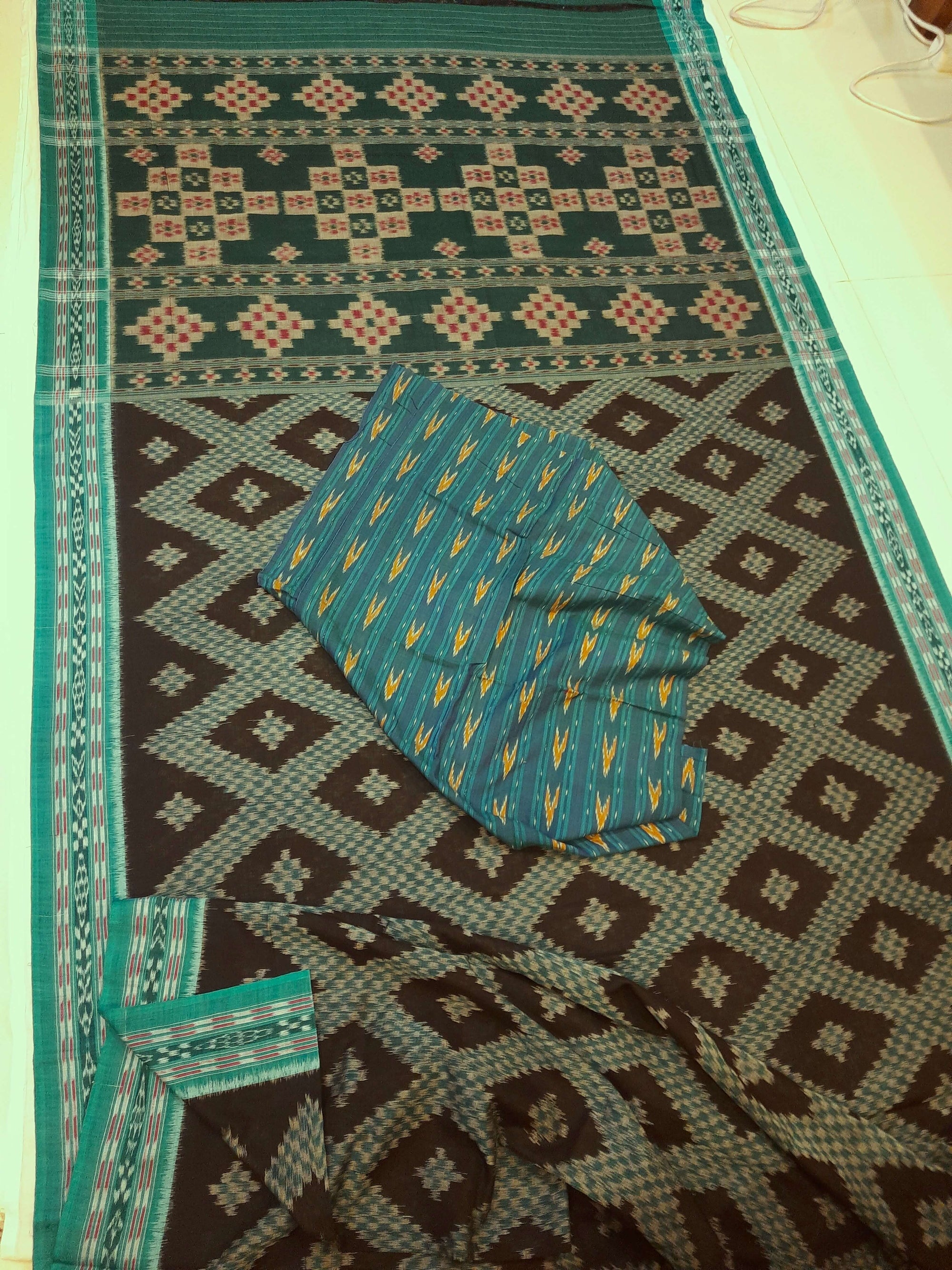 Black Cotton Tarabali Odisha Ikat saree with mix match cotton ikat blouse piece