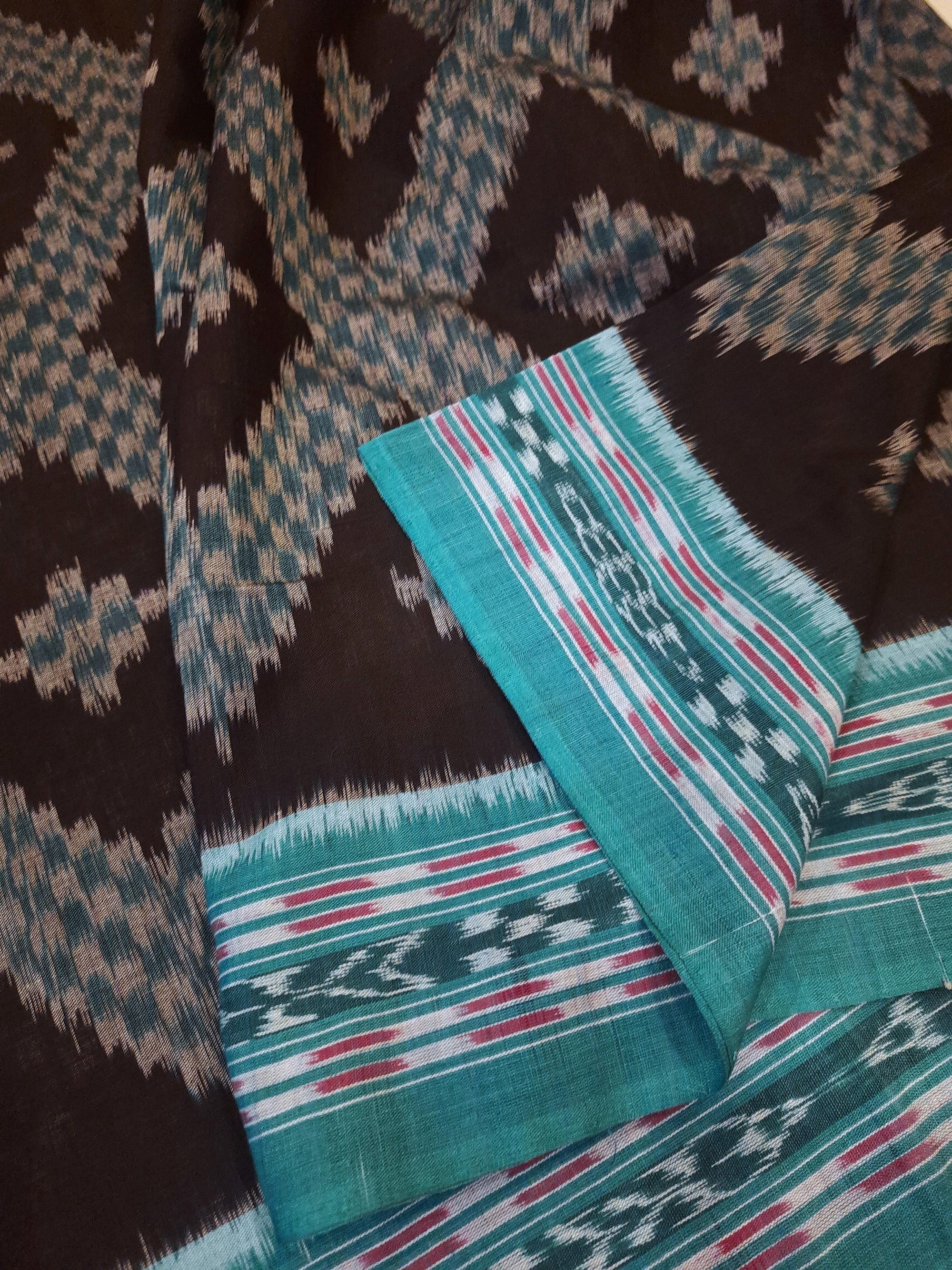 Black Cotton Tarabali Odisha Ikat saree with mix match cotton ikat blouse piece