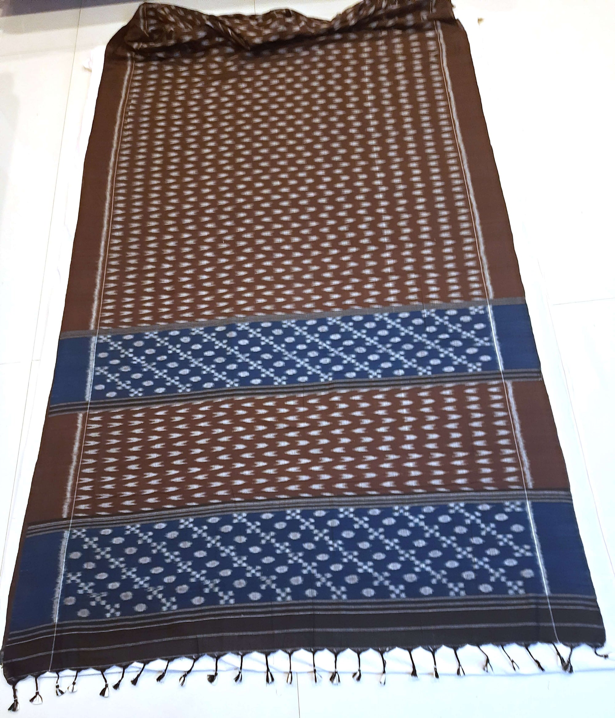 Brown Cotton Odisha Ikat saree with mix match cotton ikat blouse piece