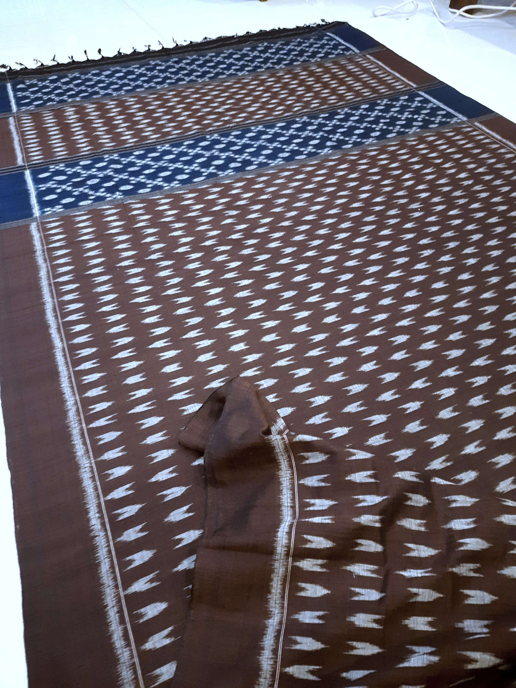 Brown Cotton Odisha Ikat saree with mix match cotton ikat blouse piece