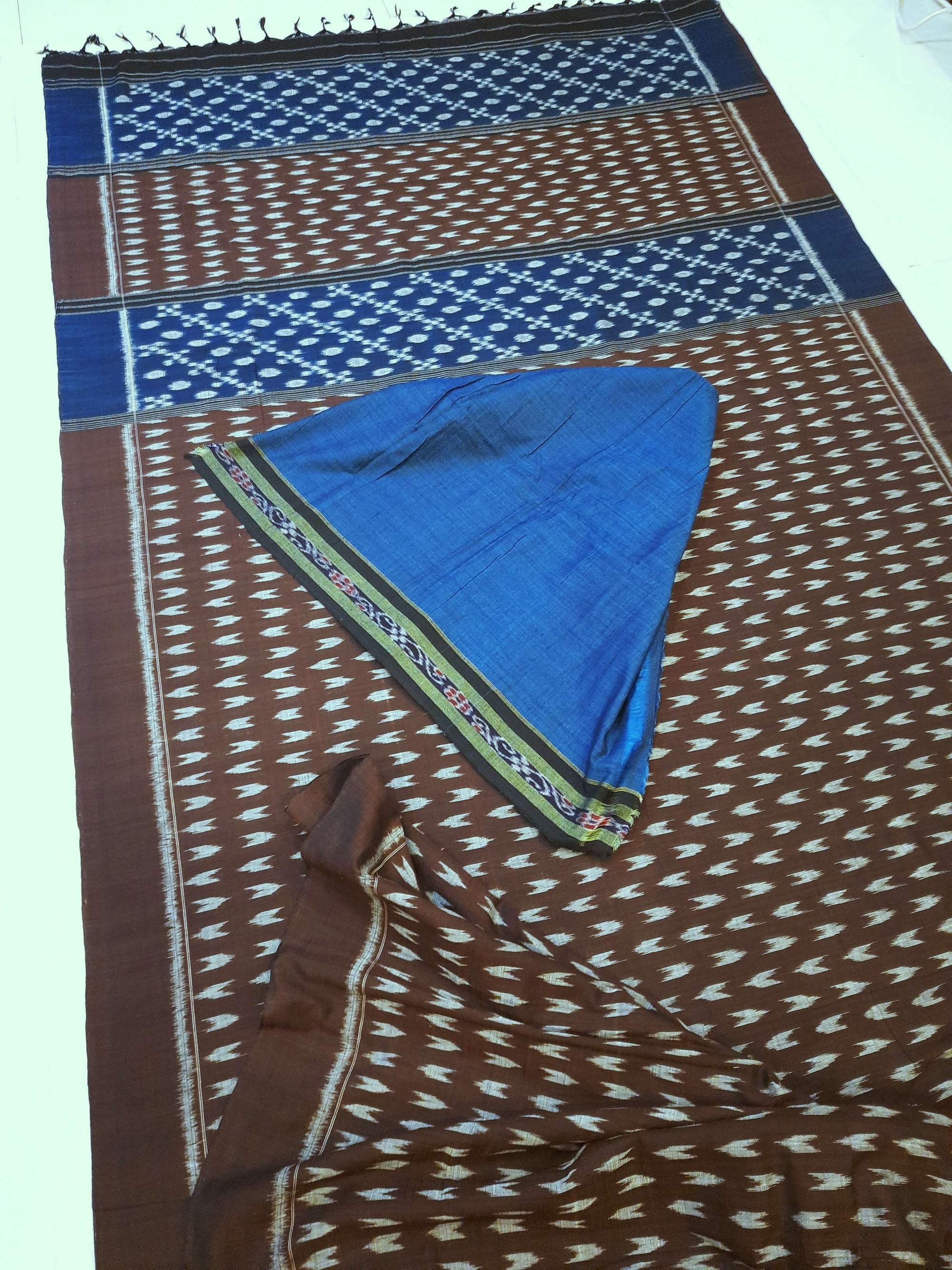 Brown Cotton Odisha Ikat saree with mix match cotton ikat blouse piece