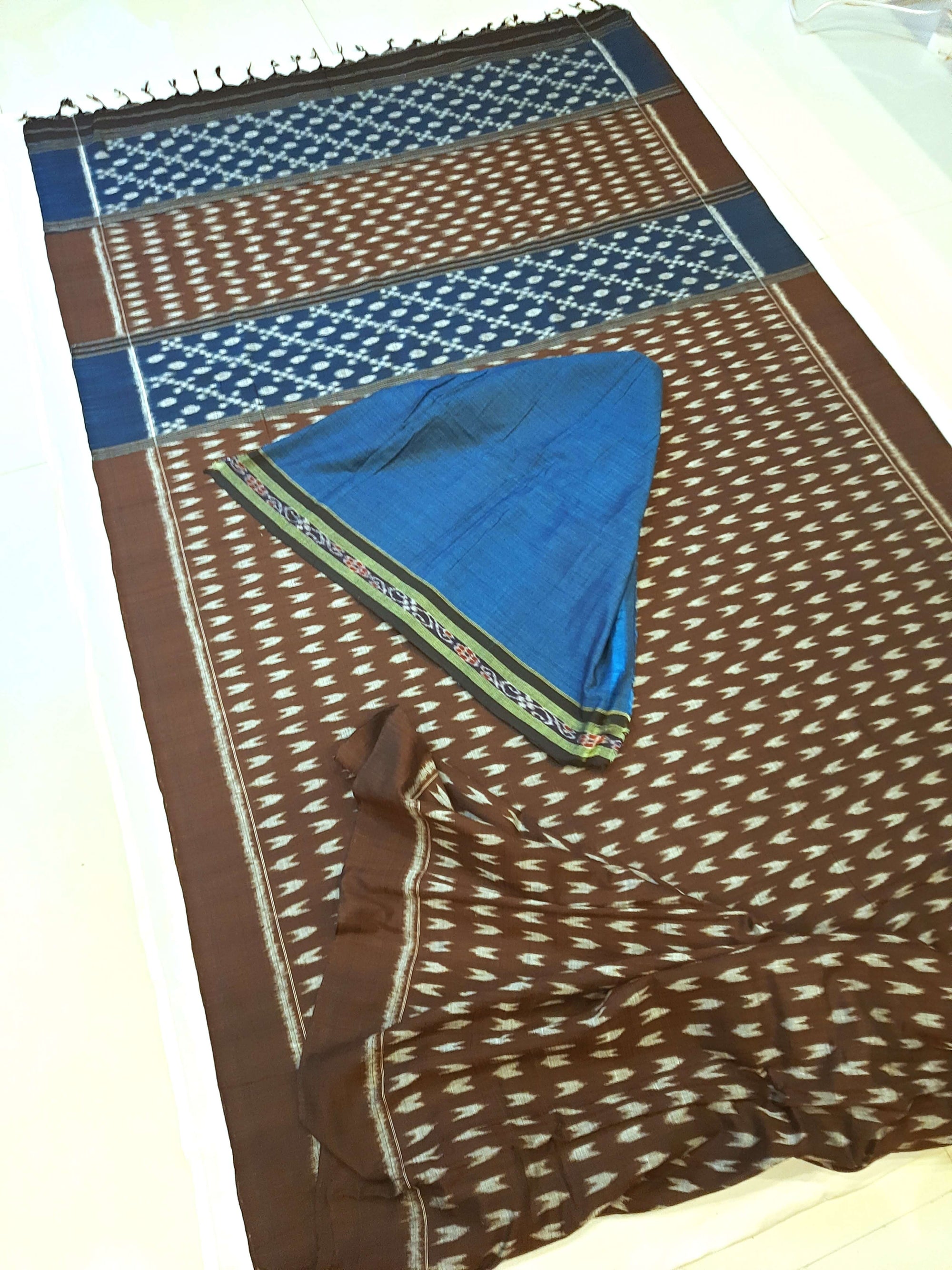 Brown Cotton Odisha Ikat saree with mix match cotton ikat blouse piece