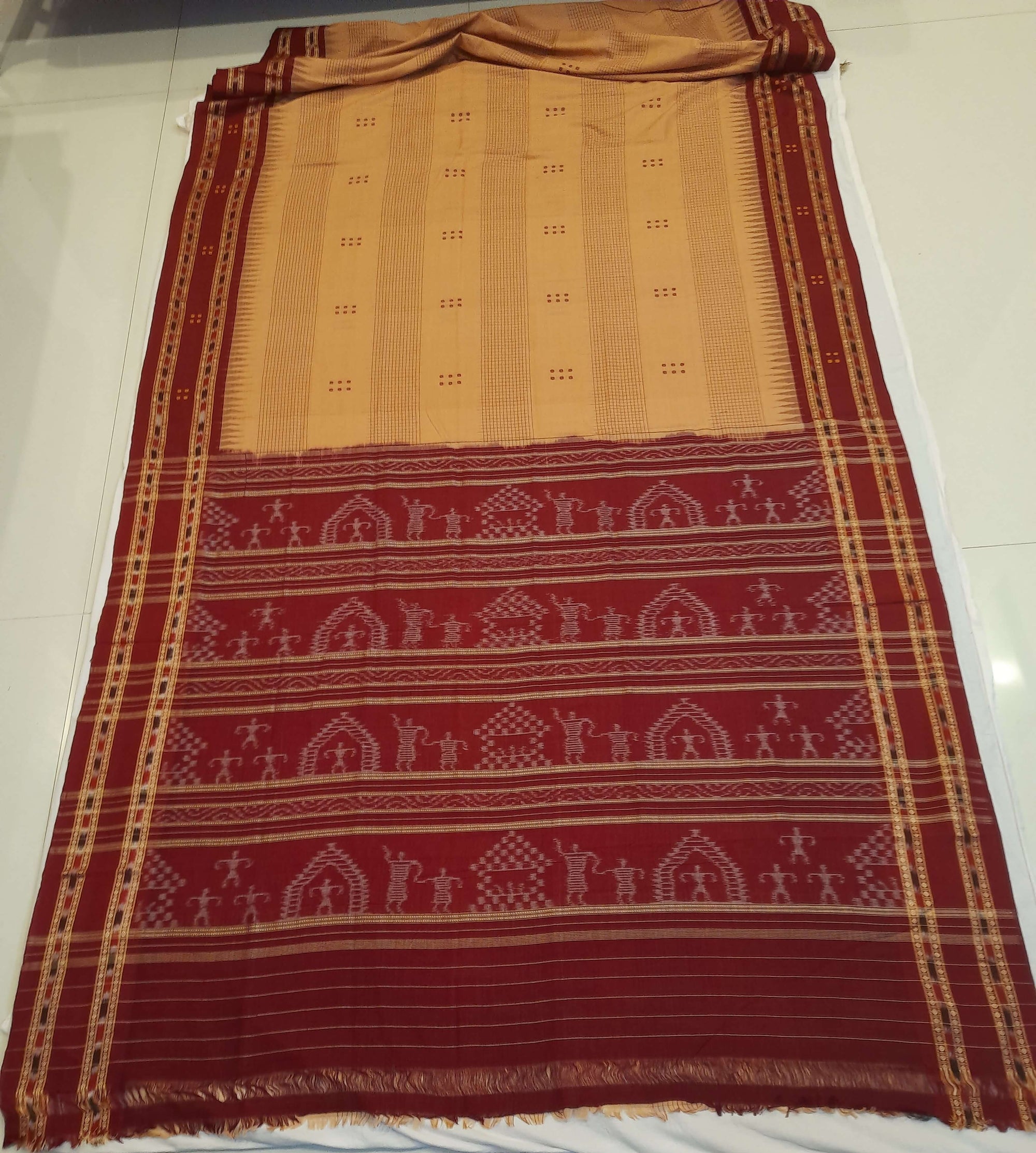 Beige Maroon buti Cotton Odisha Ikat saree with mix match cotton ikat blouse