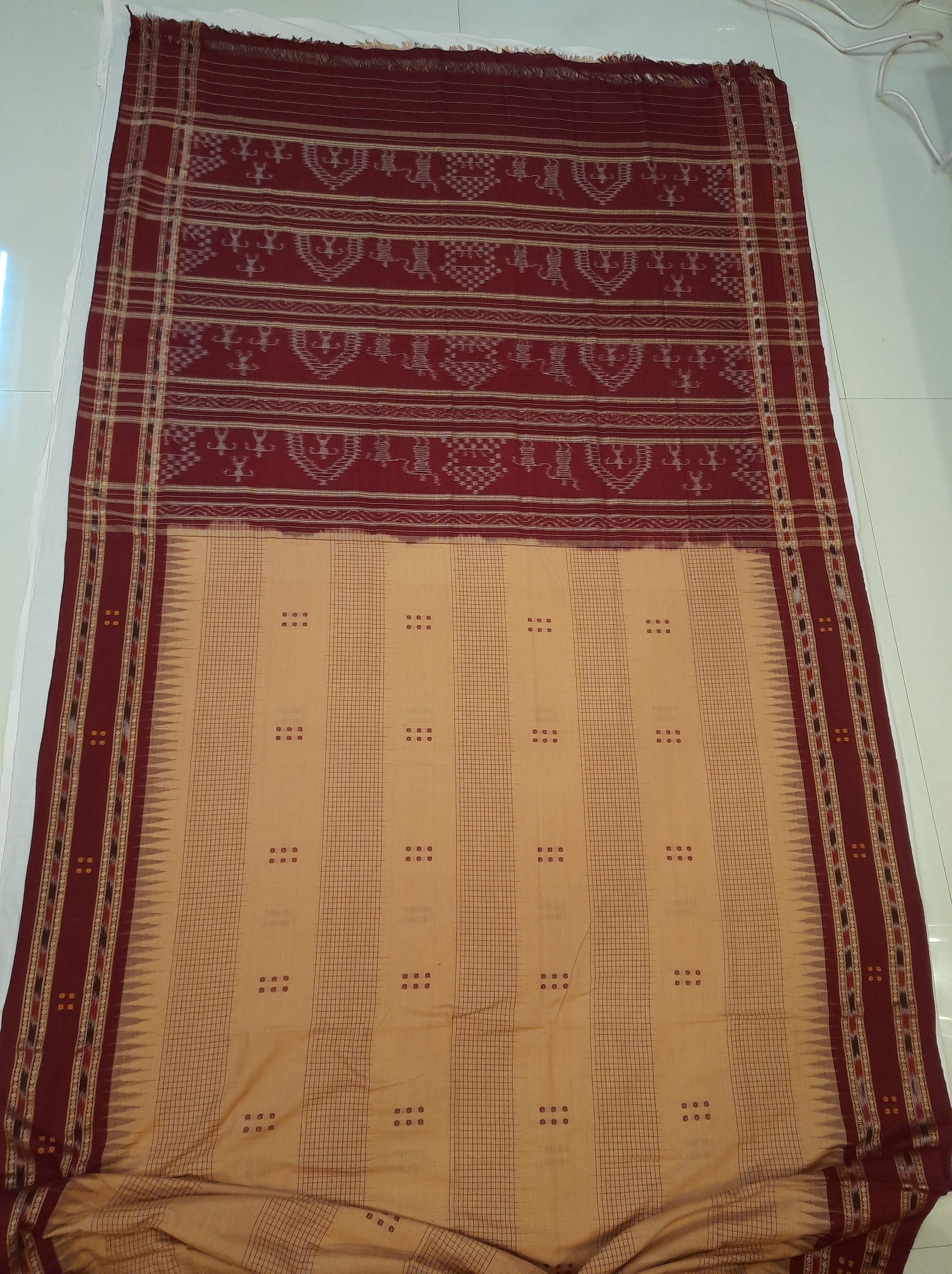 Beige Maroon buti Cotton Odisha Ikat saree with mix match cotton ikat blouse