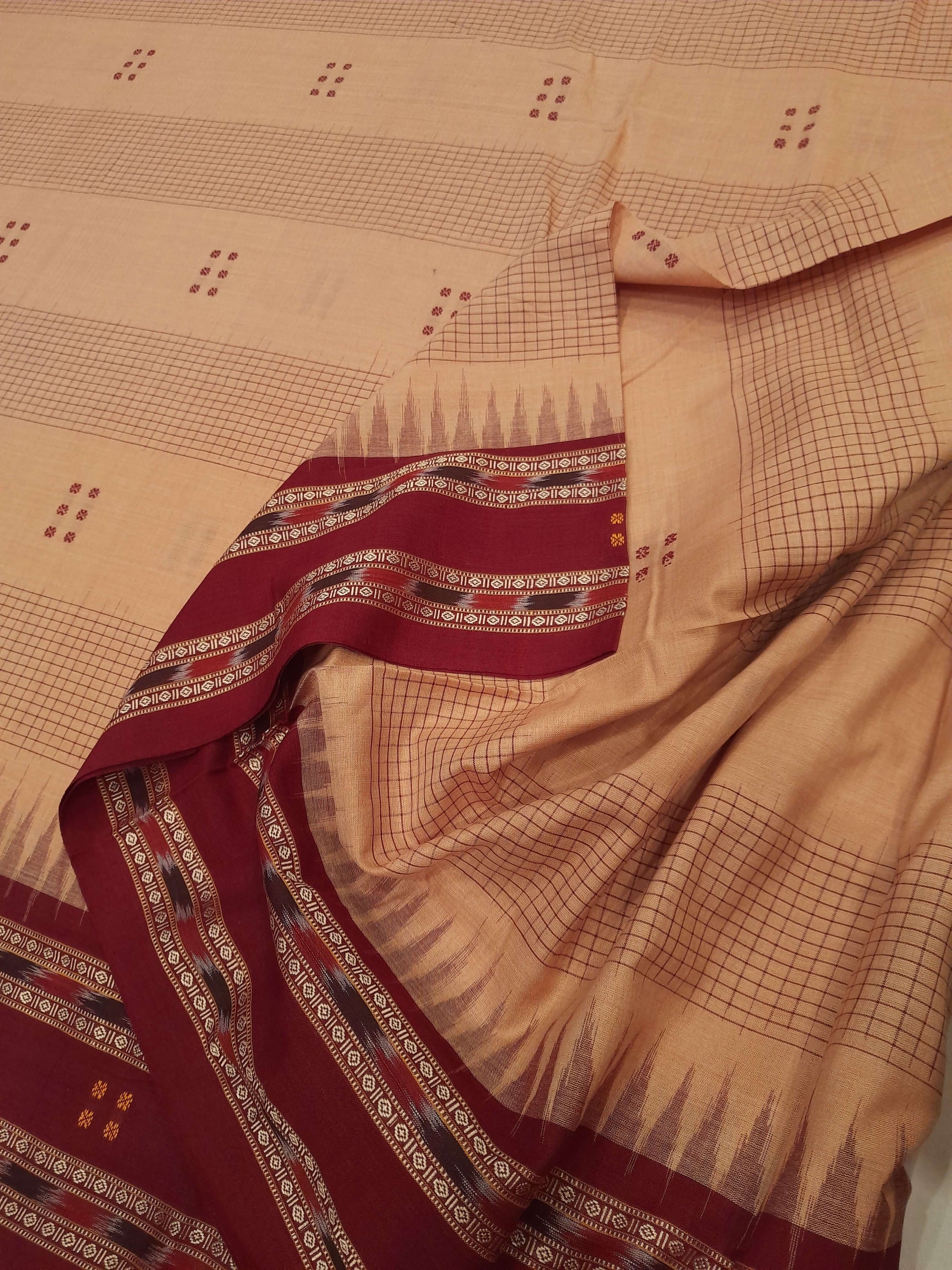 Beige Maroon buti Cotton Odisha Ikat saree with mix match cotton ikat blouse