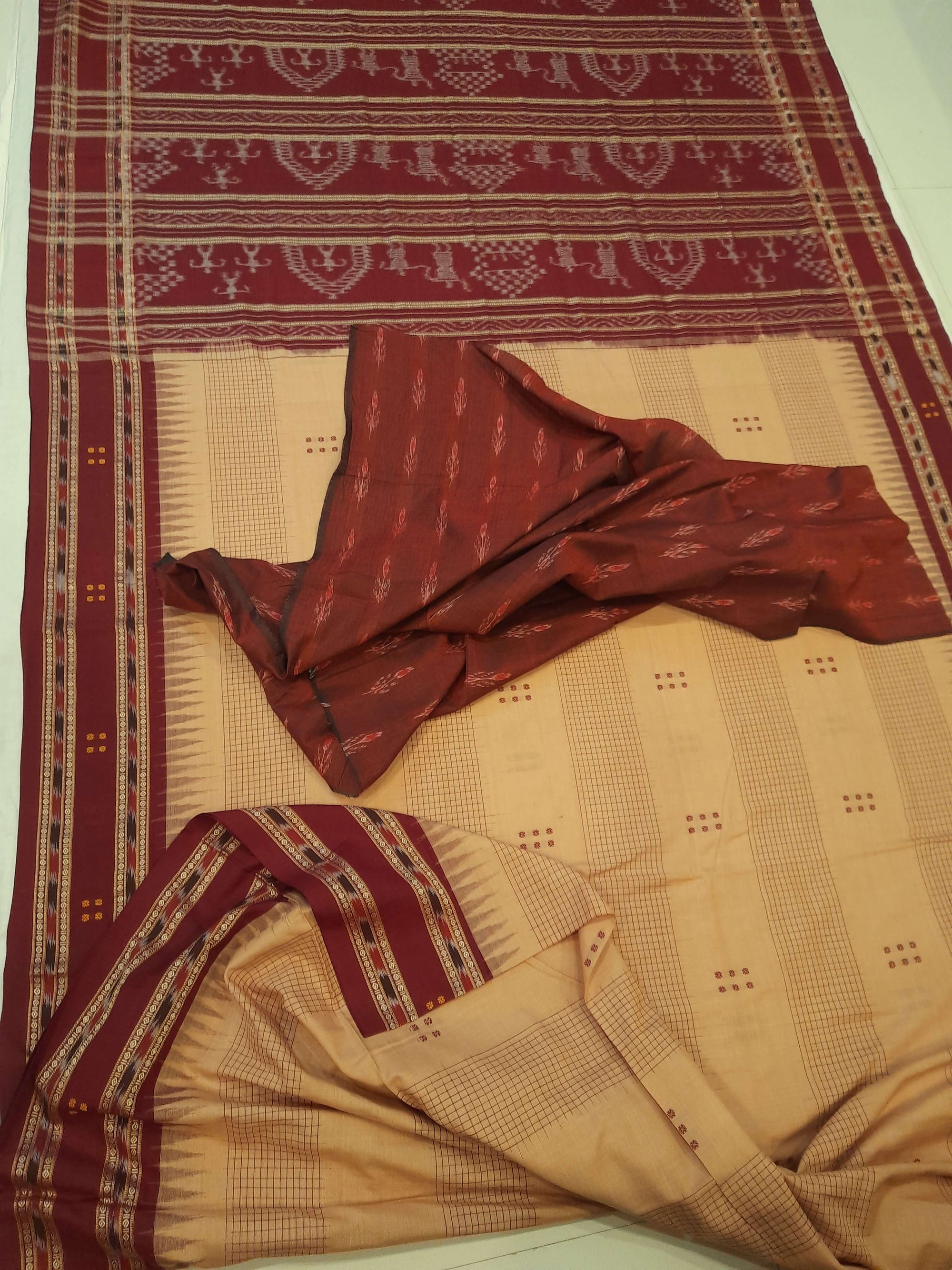 Beige Maroon buti Cotton Odisha Ikat saree with mix match cotton ikat blouse