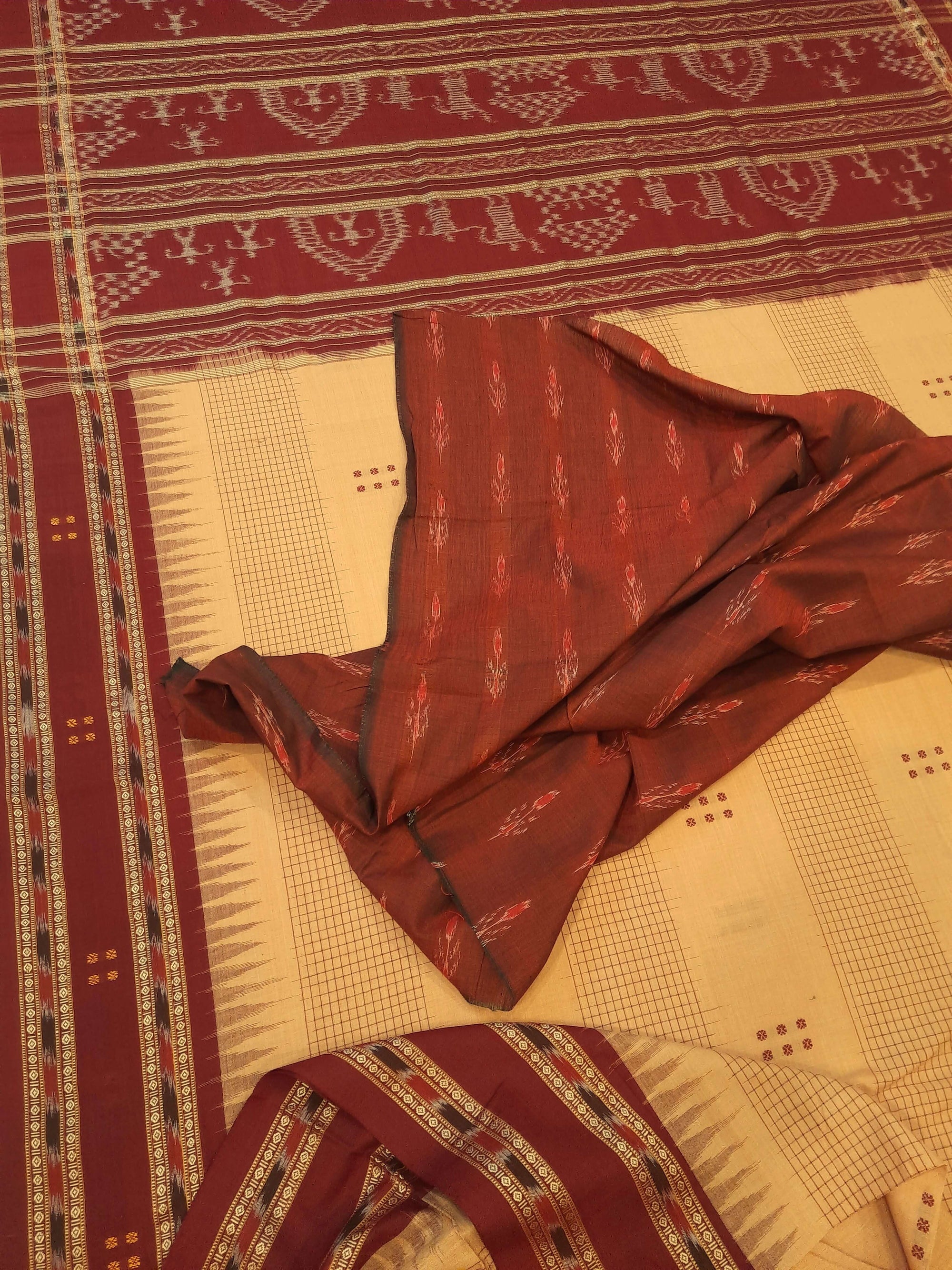 Beige Maroon buti Cotton Odisha Ikat saree with mix match cotton ikat blouse